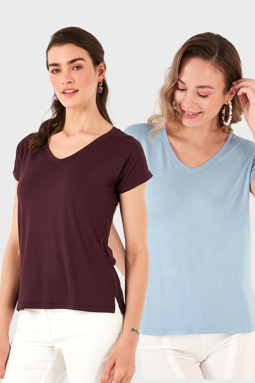 Lela V Yaka Relaxed Fit Yırtmaç Detaylı 2'li Paket Bayan Bluz 5862000S2 BEBE MAVİ-VİŞNE