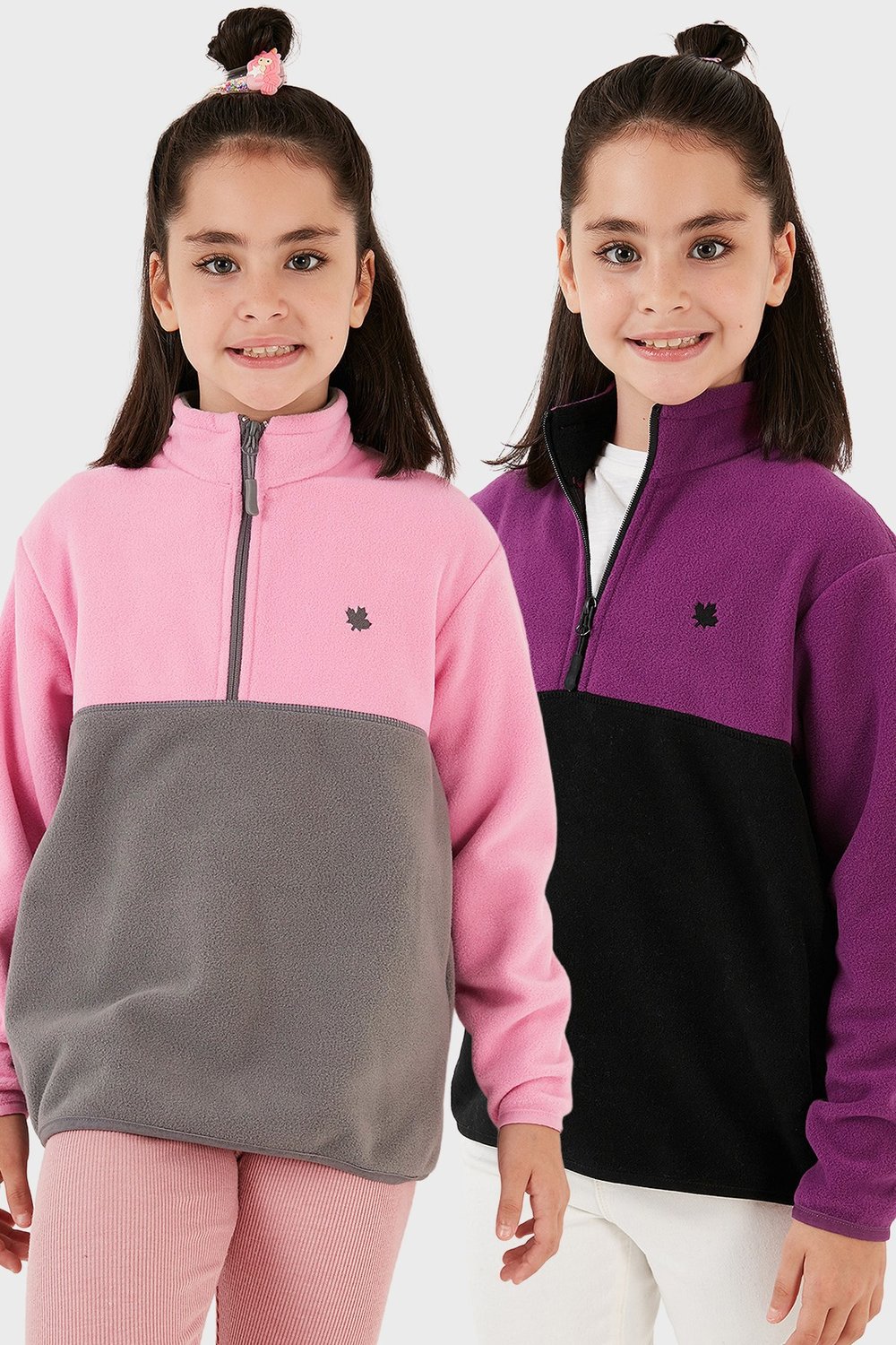 Lela Yumuşak Dokulu Yarım Fermuarlı Renk Bloklu Dik Yaka 2'li Paket Çocuk Polar 5905004S2 Mor Siyah-Şeker Pembe Gri