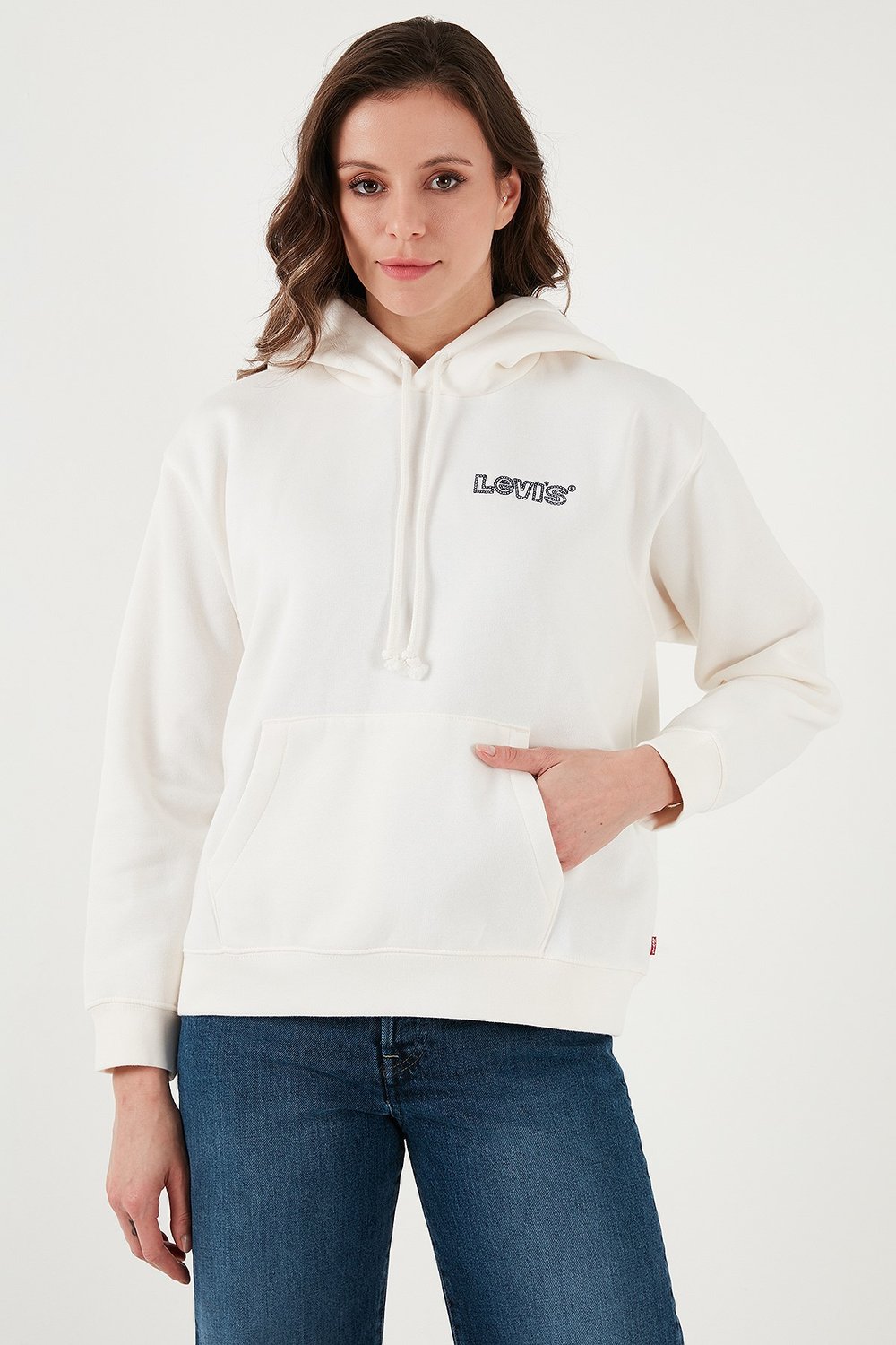Logo Baskılı Pamuklu Regular Fit Kapüşonlu Kadın Sweat 001U6-0004 EKRU
