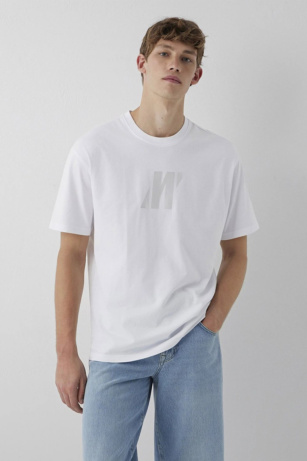 Logolu % 100 Pamuk Bisiklet Yaka Erkek T Shirt 0620059-620 BEYAZ