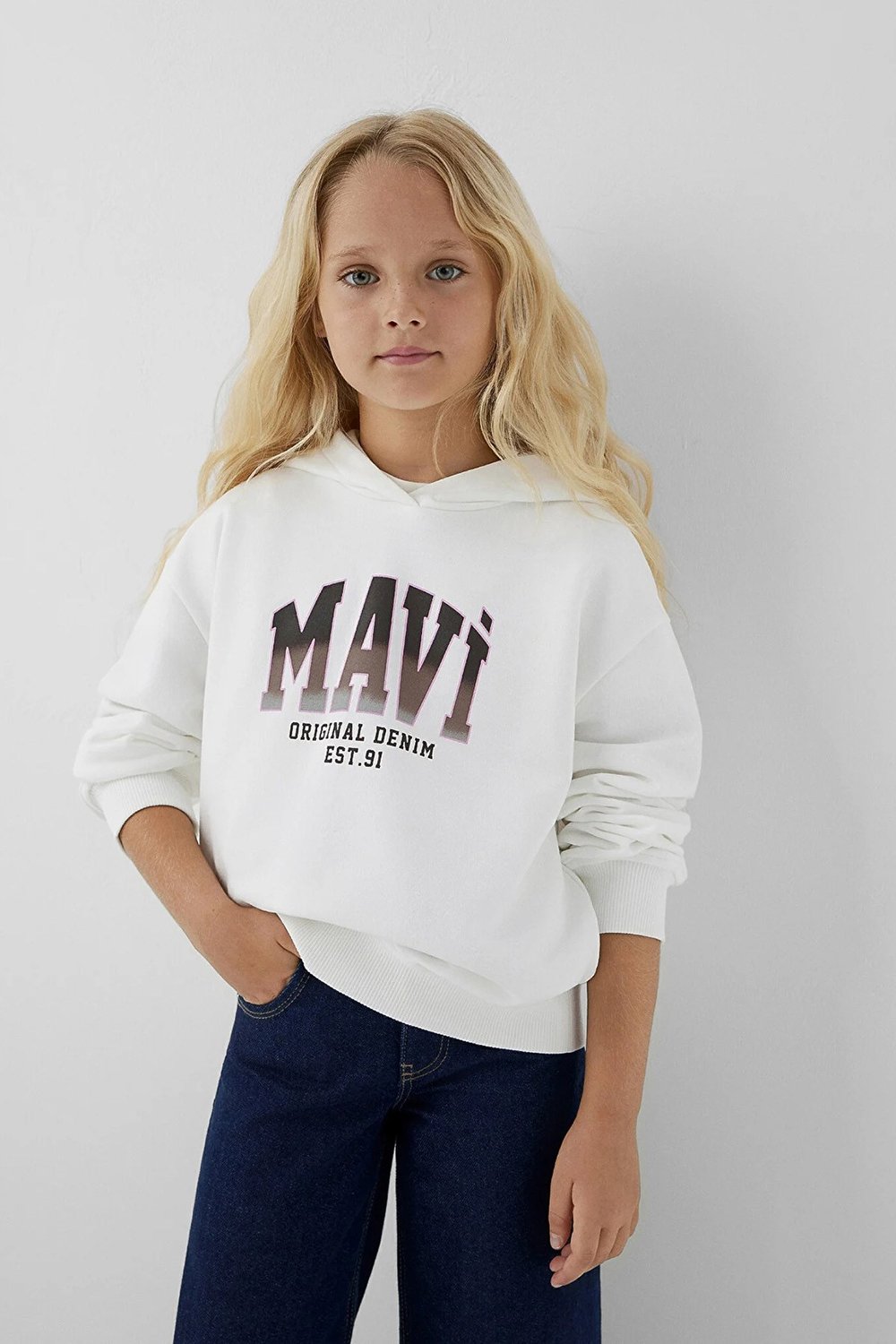 Logolu Pamuklu Kapüşonlu Kız Çocuk Sweat 7S10179-70057 KREM