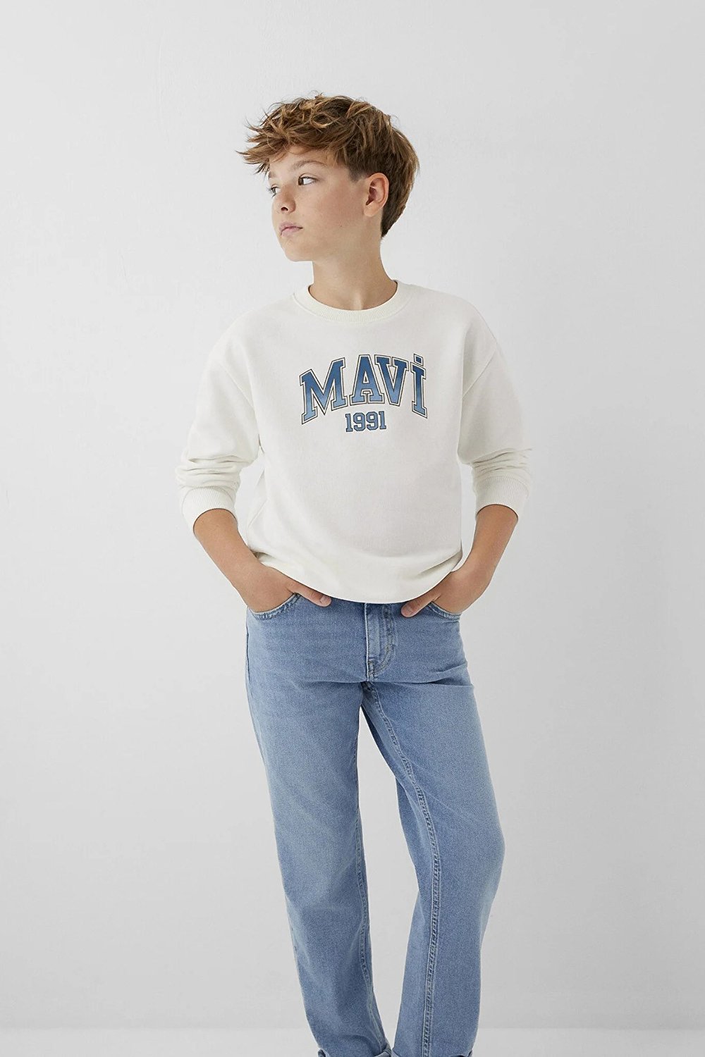 Logolu Pamuklu Loose Fit Bisiklet Yaka Erkek Çocuk Sweat 6S10218-70057 KIRIK BEYAZ