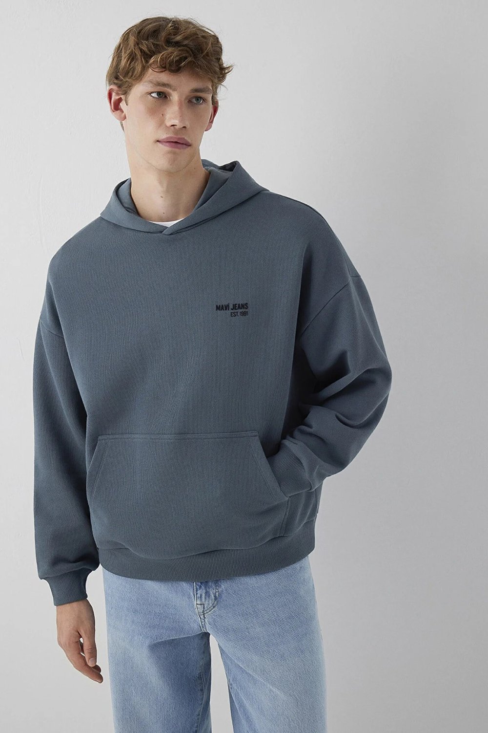 Logolu Pamuklu Oversize Kapüşonlu Erkek Sweat 0S10676-80776 İNDİGO
