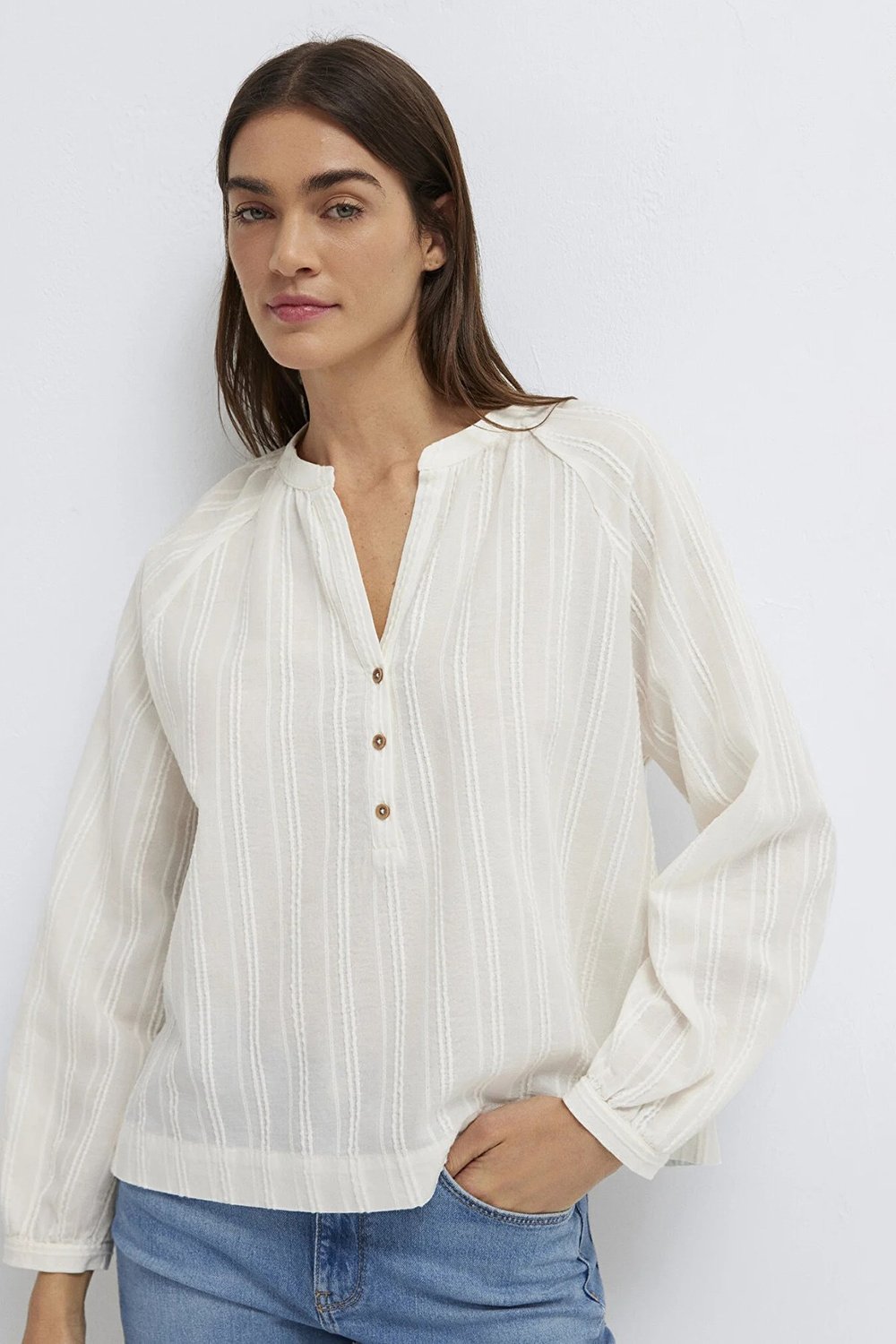 Mavi % 100 Pamuk Oversize V Yaka Kadın Bluz 1211440-70057 KREM