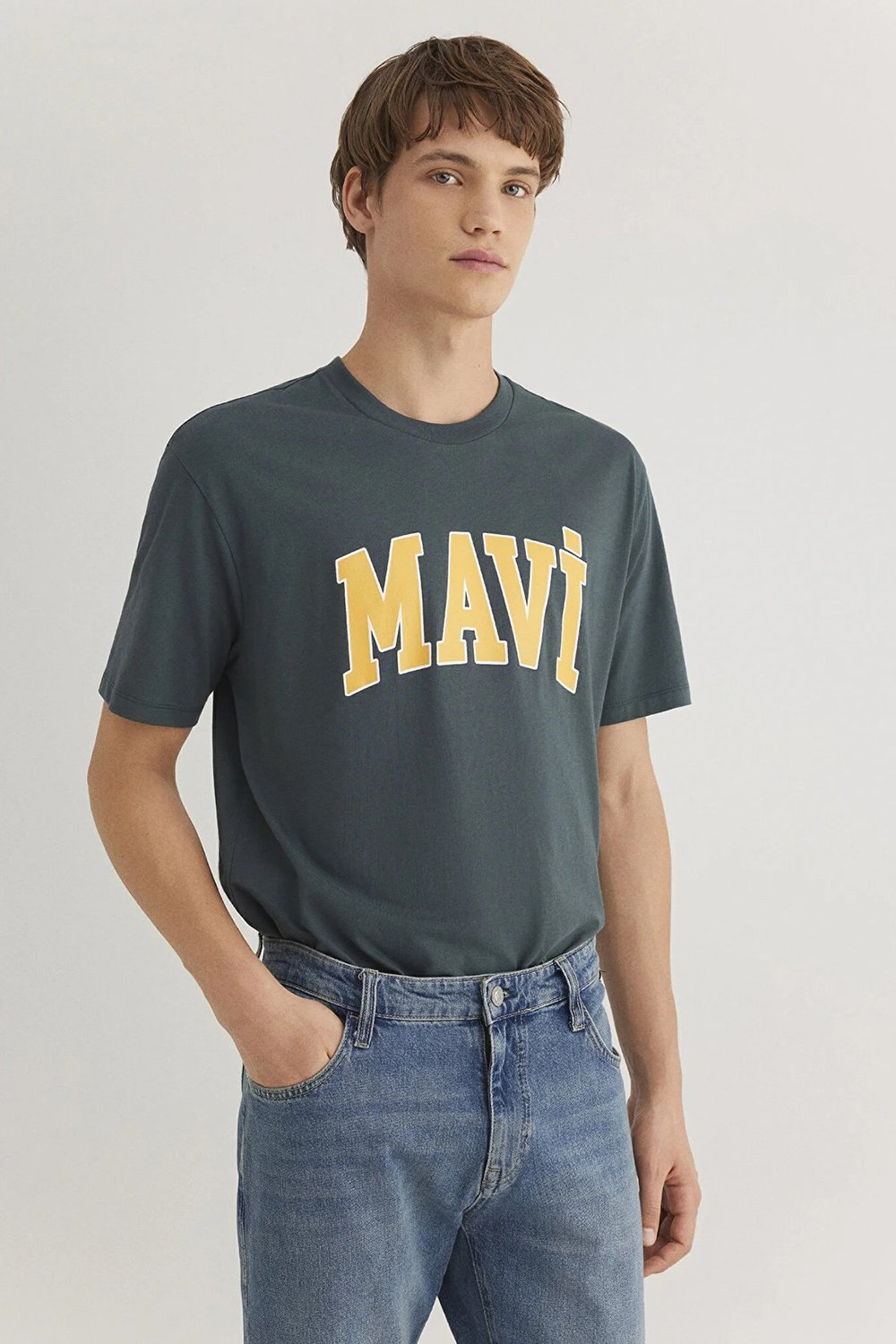 Mavi Baskılı % 100 Pamuk Loose Fit Bisiklet Yaka Erkek T Shirt 0611711-71598 YEŞİL