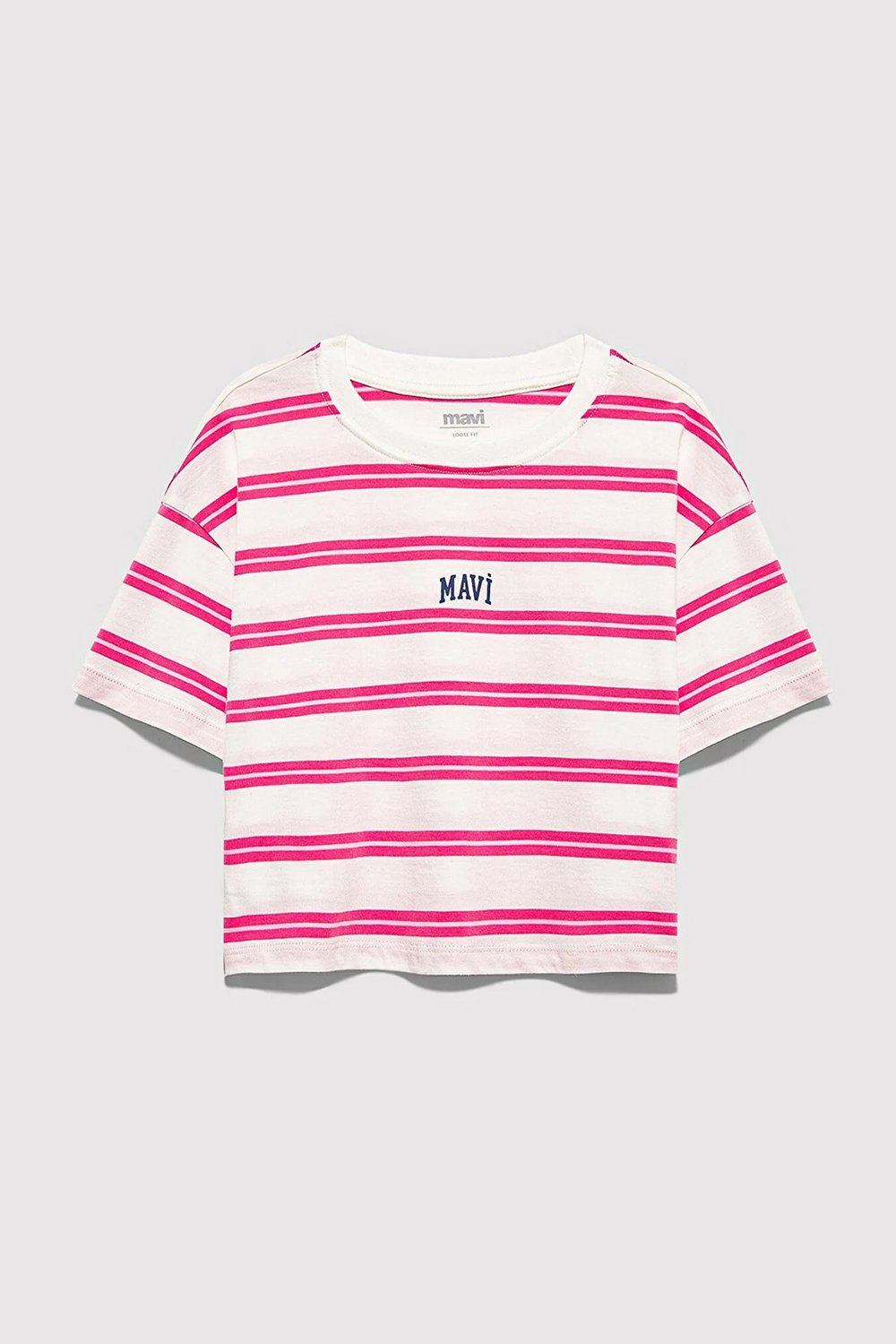 Mavi Çizgili % 100 Pamuk Loose Fit Bisiklet Yaka Kız Çocuk Crop 7610387-91358 BEYAZ-PEMBE