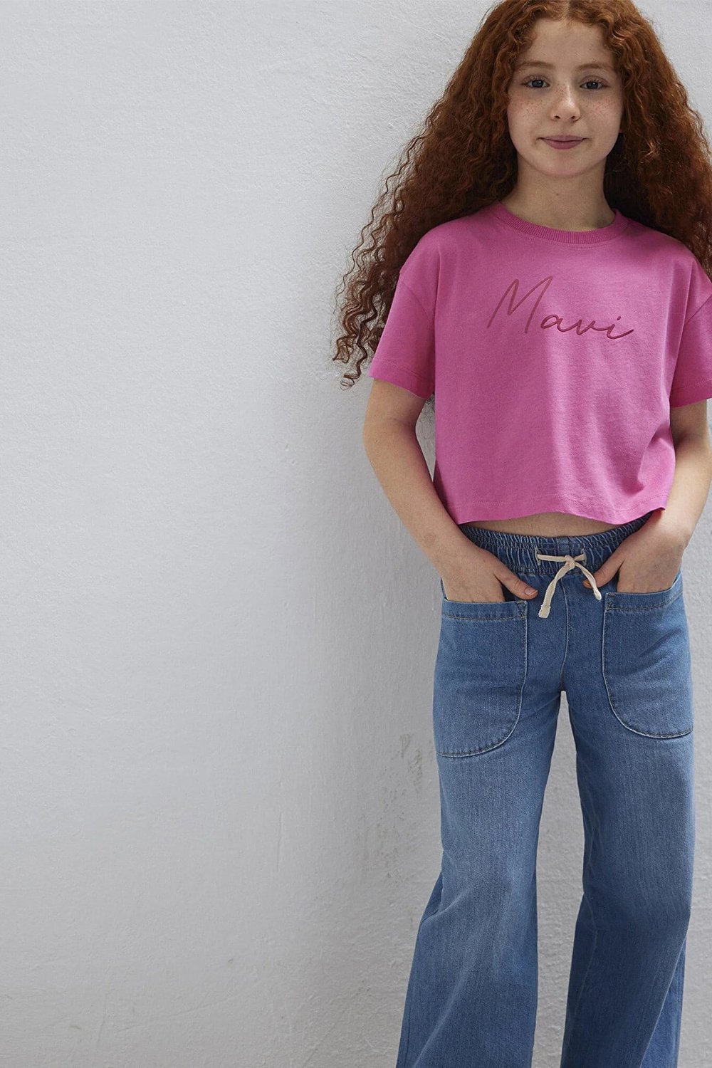 Mavi Pamuklu Loose Fit Logo Baskılı Bisiklet Yaka Kız Çocuk T Shirt 7610181-91355 PEMBE