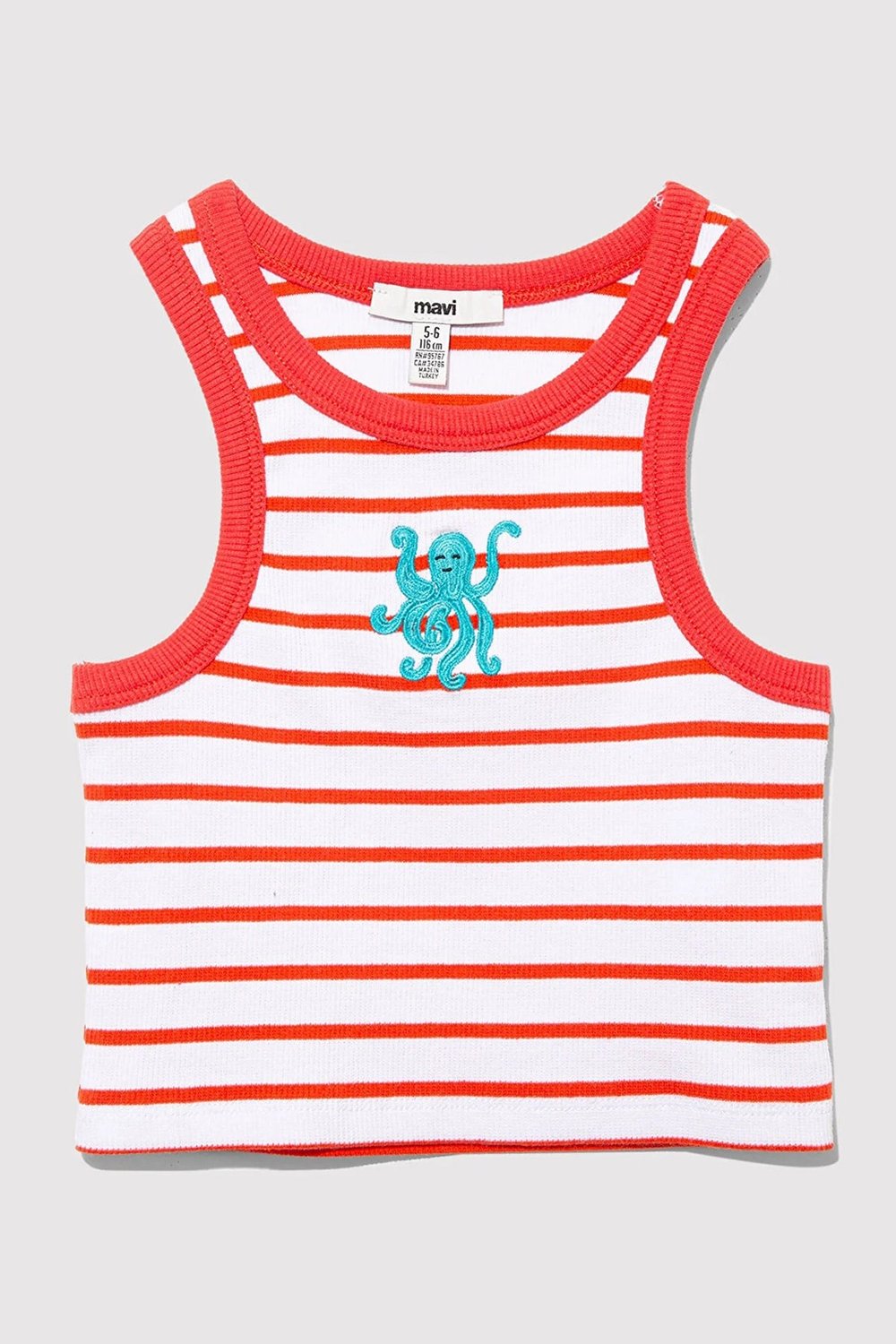 Mavi Streç Pamuklu İşleme Detaylı Fitted Fit Halter Yaka Kız Çocuk Crop 7610333-89719 KIRMIZI-BEYAZ