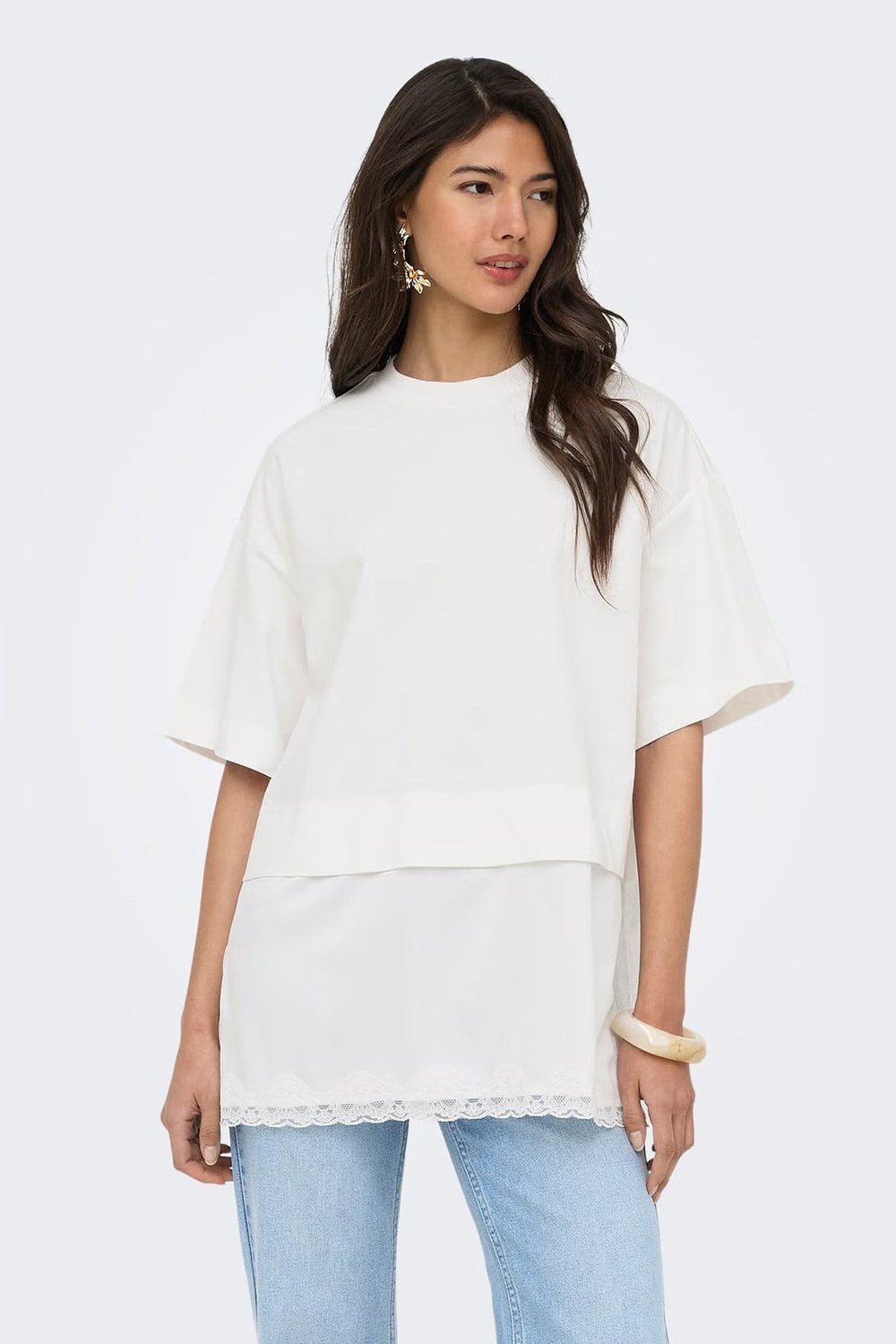 Onlmexa Pamuklu Regular Fit Dantel Detaylı Kadın T Shirt 15382176 EKRU