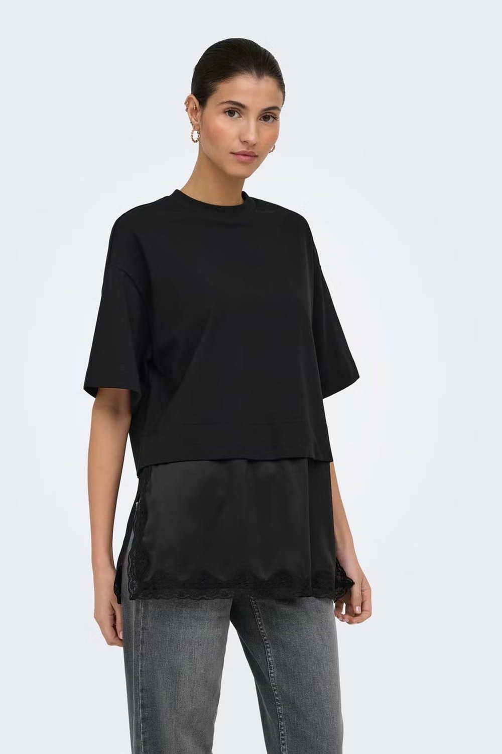Onlmexa Pamuklu Regular Fit Dantel Detaylı Kadın T Shirt 15382176 SİYAH
