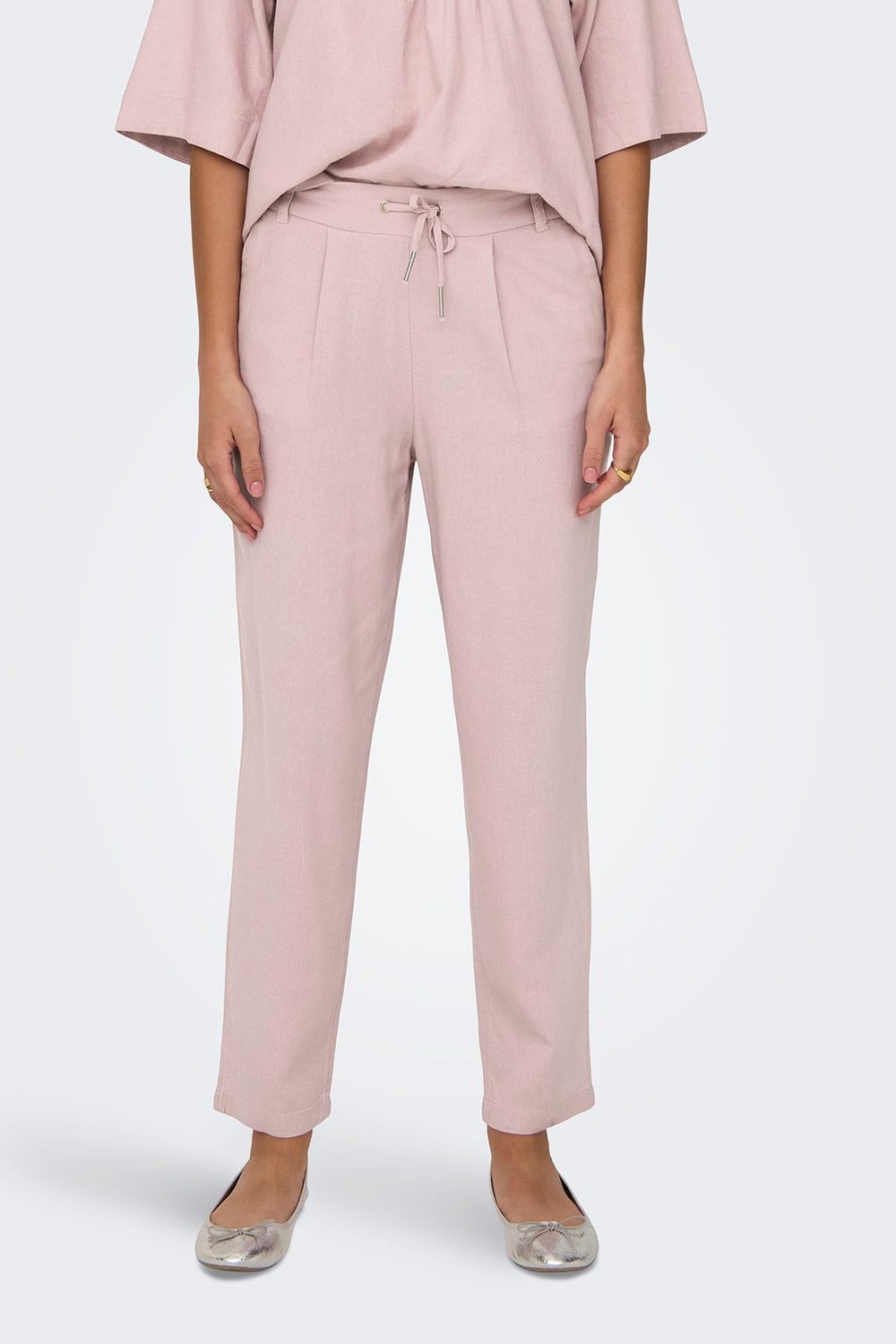 Only Onlcaro-Poptrash Keten Karışımlı Comfort Fit Normal Bel Düz Paça Kadın Pantolon 15278710 PUDRA