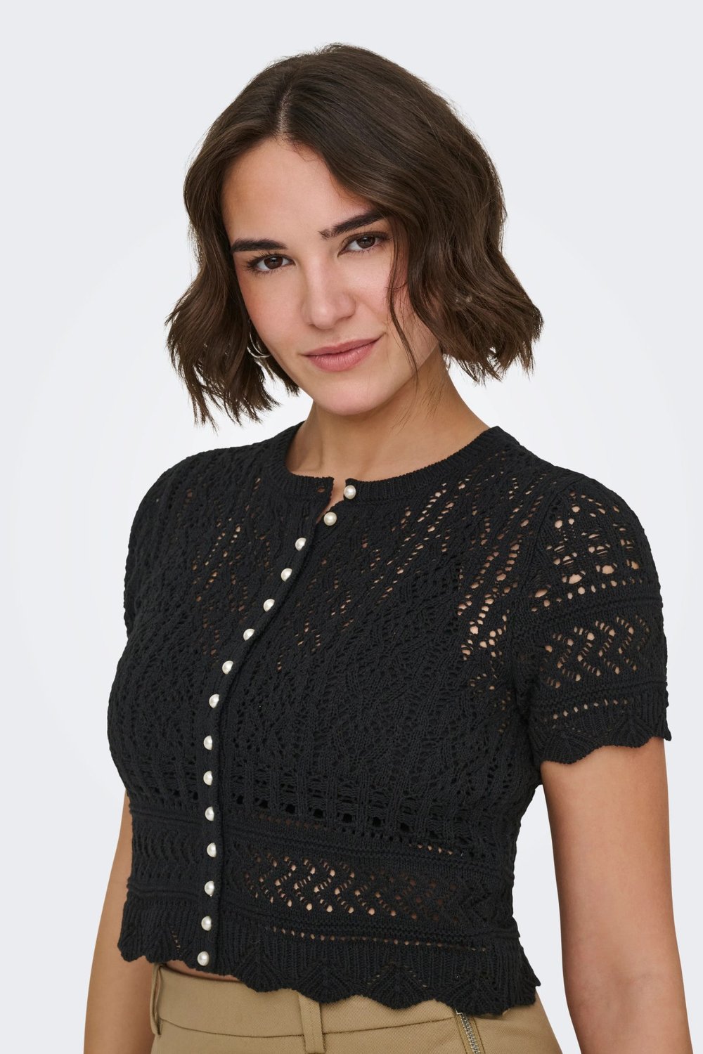 Only Onlelke Pamuklu Cropped Fit İnci Süslemeli Bisiklet Yaka Kadın Triko 15363050 SİYAH