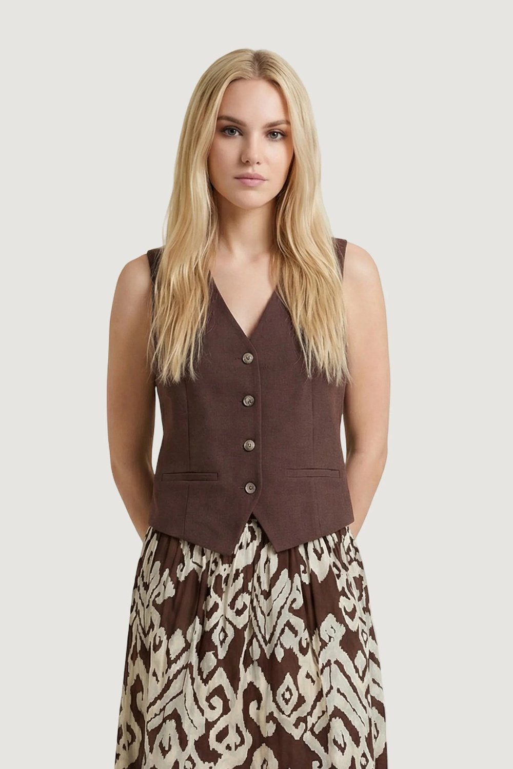 Only Onlita % 100 Pamuk Regular Fit V Yaka Kadın Yelek 15370277 KAHVE