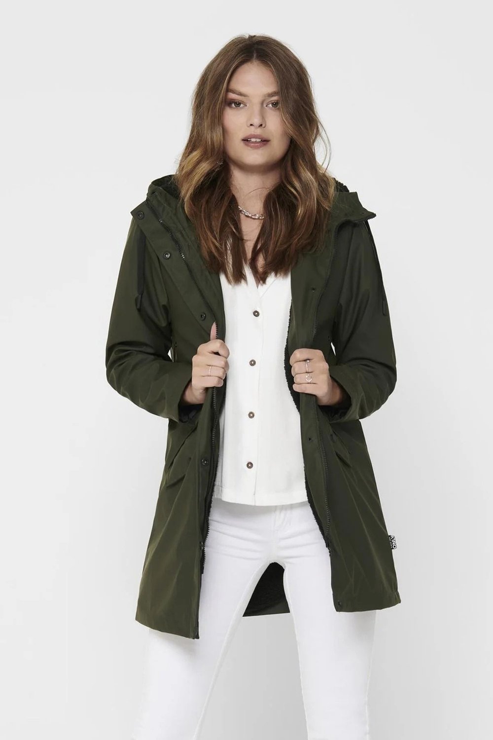 Only Onlsally Su Geçirmez Kapüşonlu Fermuar ve Çıtçıt Kapamalı Regular Fit Kadın Mont 15206116 AÇIK YEŞİL