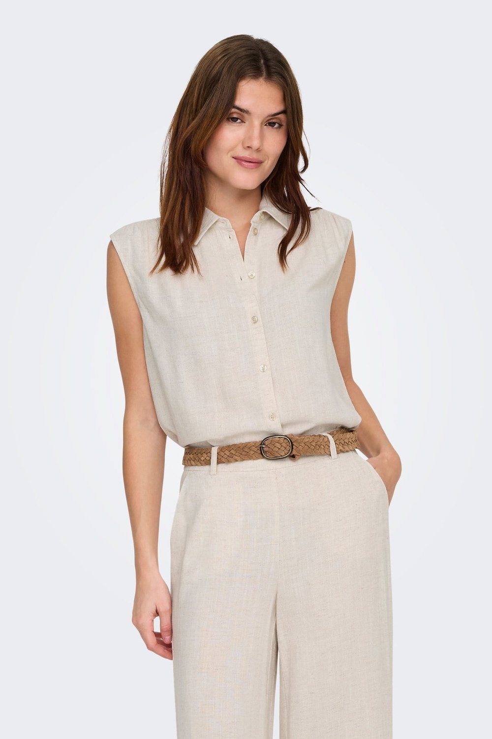 Only Onlsiesta Keten Karışımlı Regular Fit Klasik Yaka Kadın Bluz 15367416 TAŞ