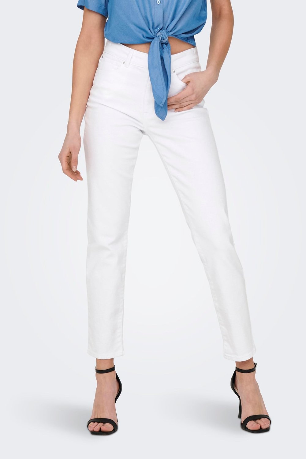 OnOnlemily Streç Pamuklu Regular Fit Yüksek Bel Düz Paça Jeans Kadın Kot Pantolon 15292435 BEYAZ