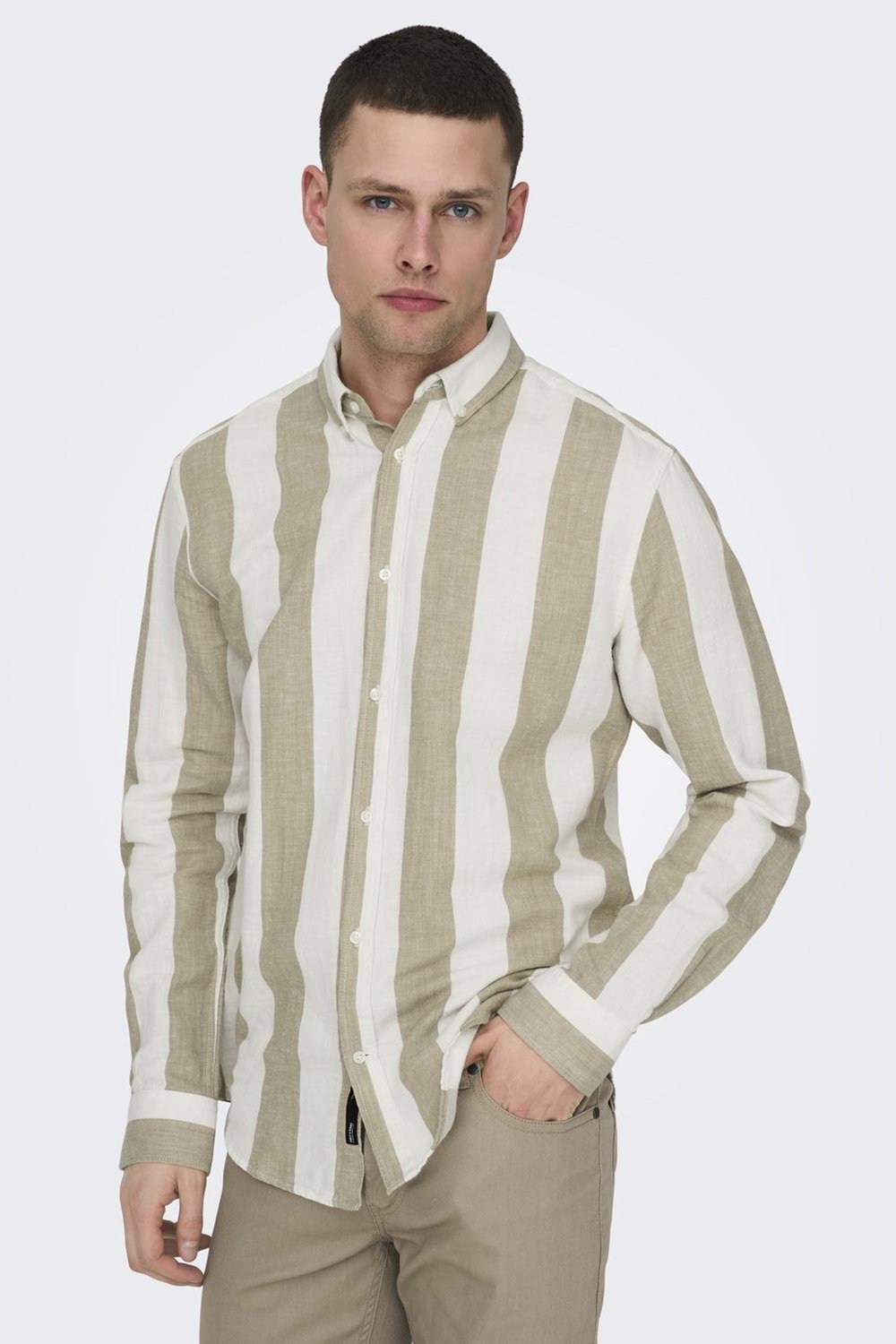 Onsarlo Pamuk ve Keten Karışımlı Slim Fit Erkek Gömlek 22028040 BEJ-BEYAZ