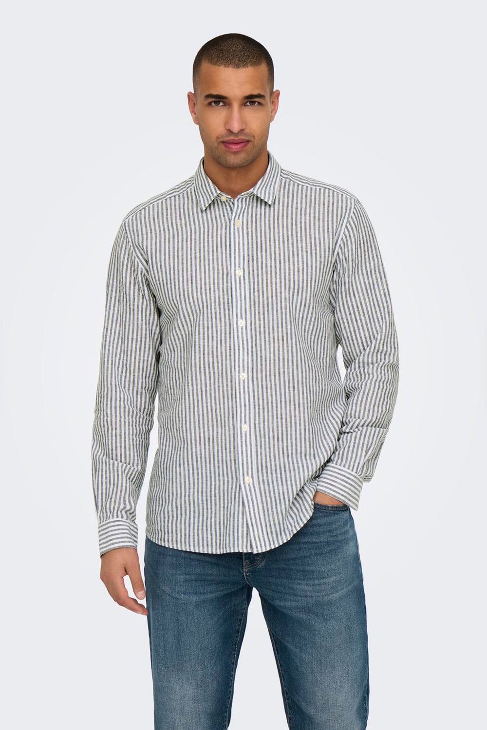 Onscaiden Çizgili Pamuk ve Keten Karışımlı Slim Fit Erkek Gömlek 22026601 Krem-Antrasit