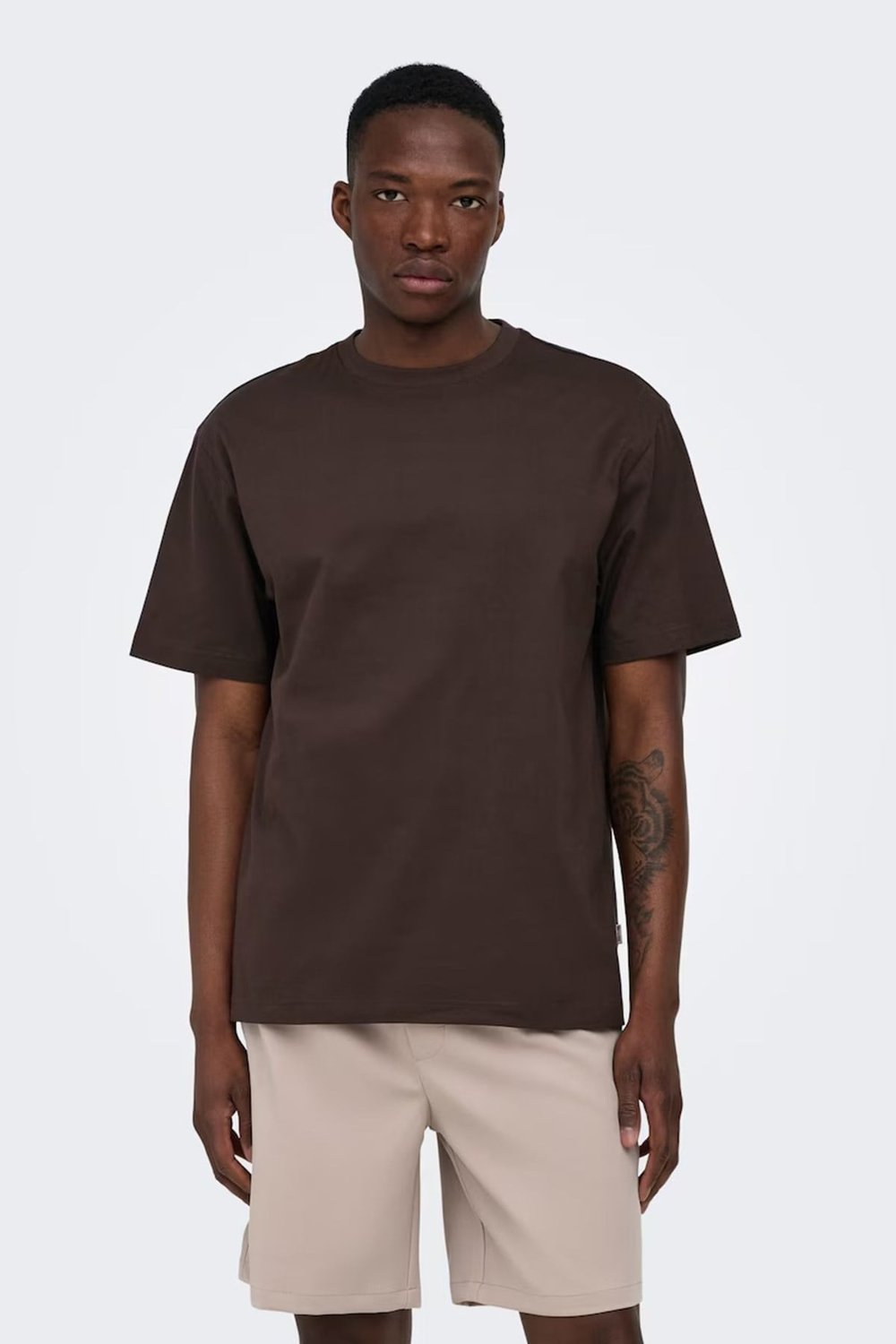 Onsfred % 100 Pamuk Relaxed Fit Bisiklet Yaka Erkek T Shirt 22022532 KOYU KAHVE