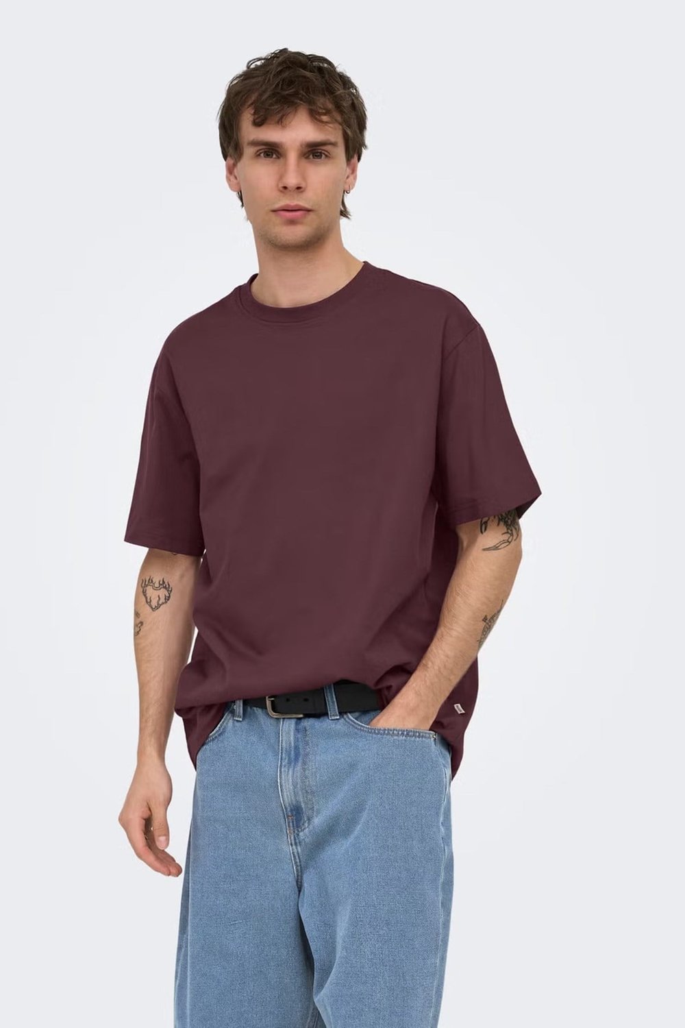Onsfred % 100 Pamuk Relaxed Fit Bisiklet Yaka Erkek T Shirt 22022532 BORDO
