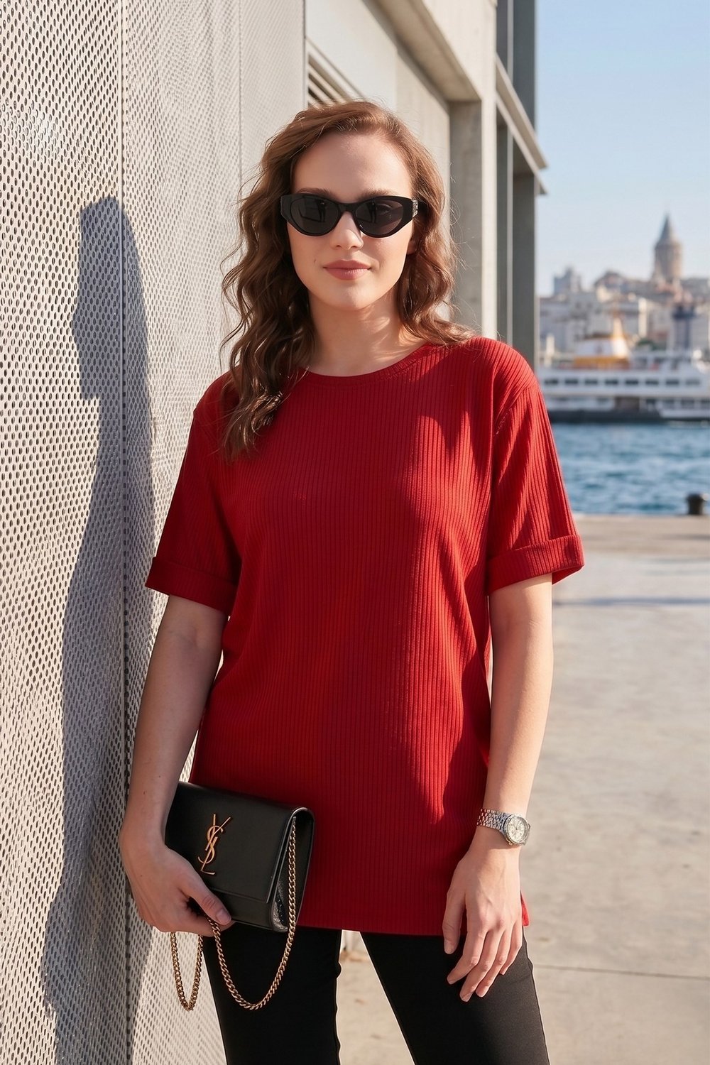 Oversize Bisiklet Yaka Yırtmaç Detaylı Kadın Bluz 5863683 KIRMIZI