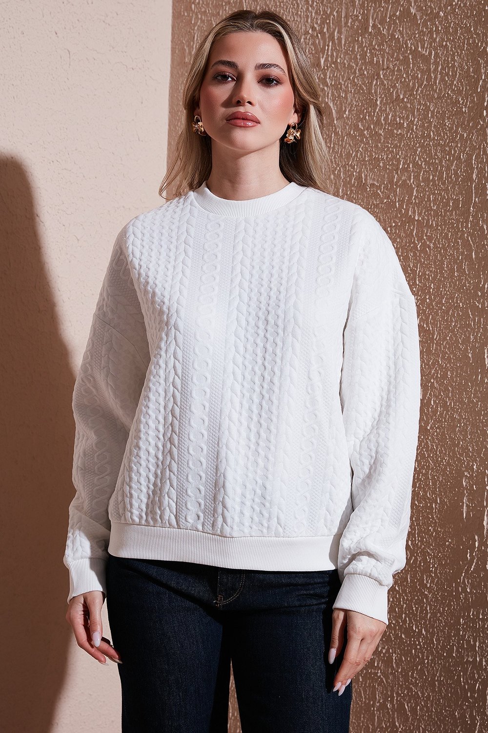 Oversize Fit Bisiklet Yaka Kadın Sweat 25K0141K1 EKRU