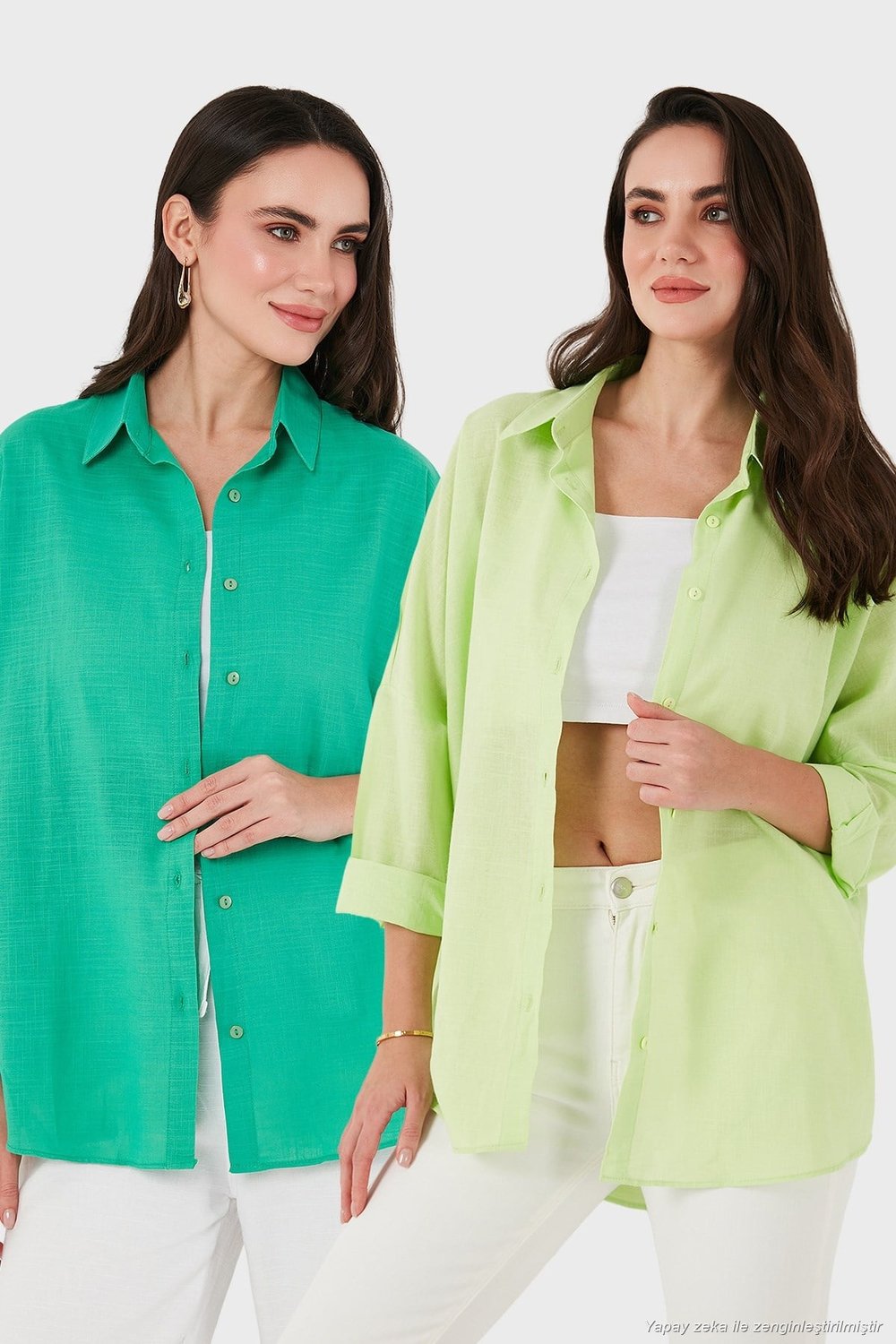 Pamuk Karışımlı Oversize Fit Uzun Kollu 2'li Paket Kadın Gömlek 6781001S2 FISTIK YEŞİL-YEŞİL