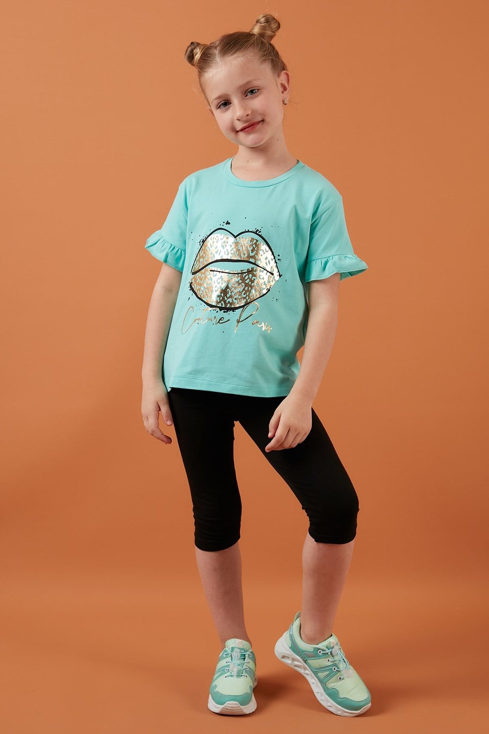 Pamuklu Baskılı Kolları Fırfırlı Bisiklet Yaka Kız Çocuk T Shirt 6211019 MİNT