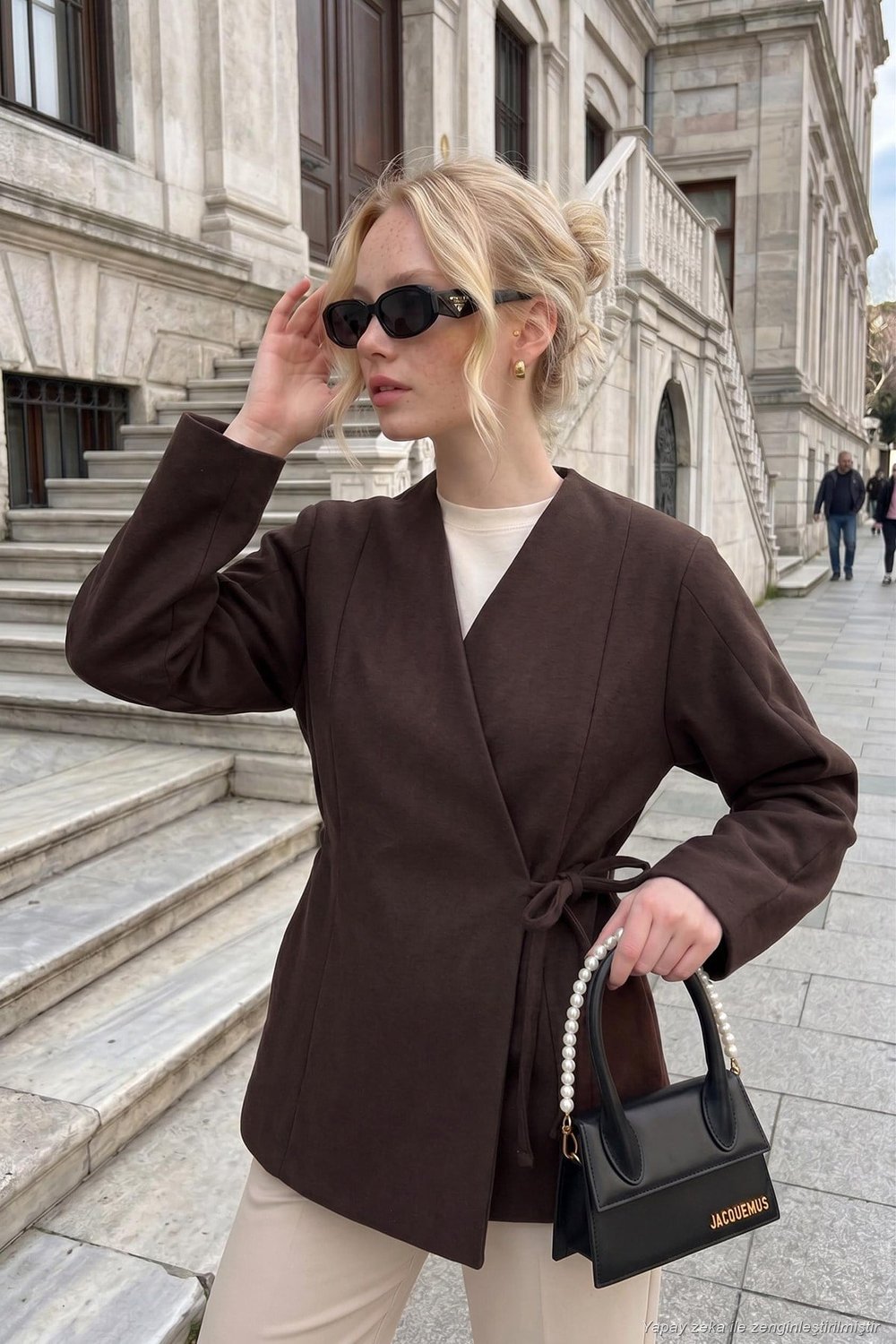 Pamuklu Kruvaze Yaka Yandan Bağlama Detaylı Kadın Kaşe Kaban 681527 KOYU KAHVE