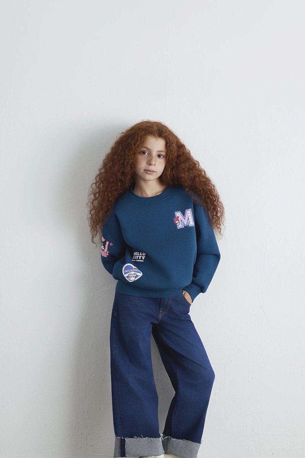 Pamuklu Loose Fit Baskılı Bisiklet Yaka Kız Çocuk Sweat 7S10164-89110 PETROL