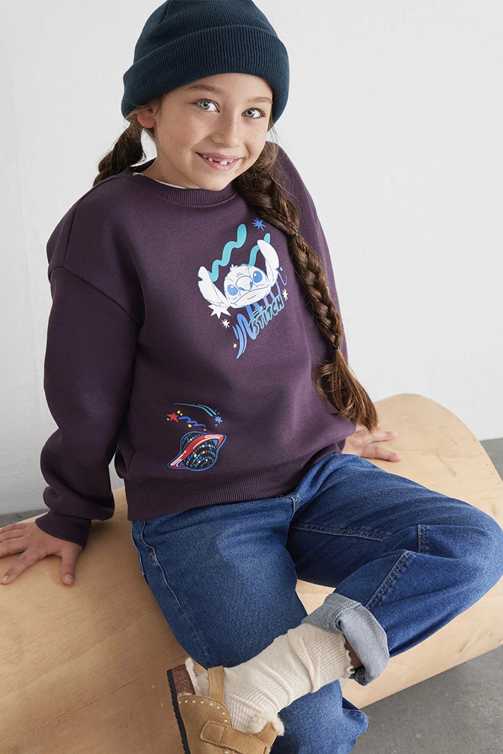 Pamuklu Loose Fit Bisiklet Yaka Sırt Baskılı Kız Çocuk Sweat 7S10161-70635 MOR