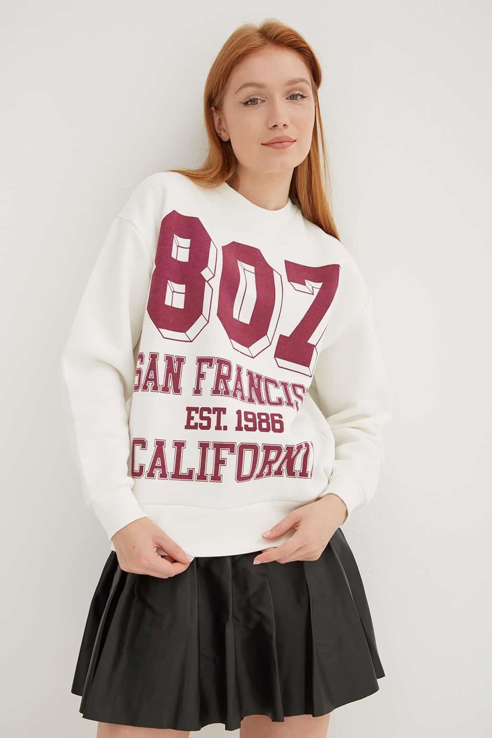 Pamuklu Oversize Bisiklet Yaka Baskılı Kadın Sweat 24K0340K1 EKRU