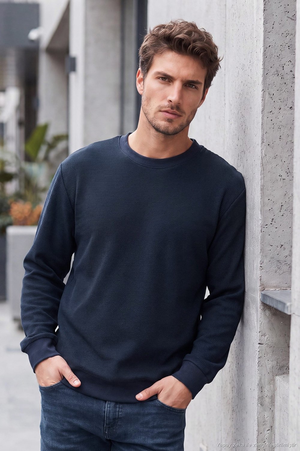 Pamuklu Regular Fit Bisiklet Yaka Dokulu Erkek Sweat 5905866 LACİVERT