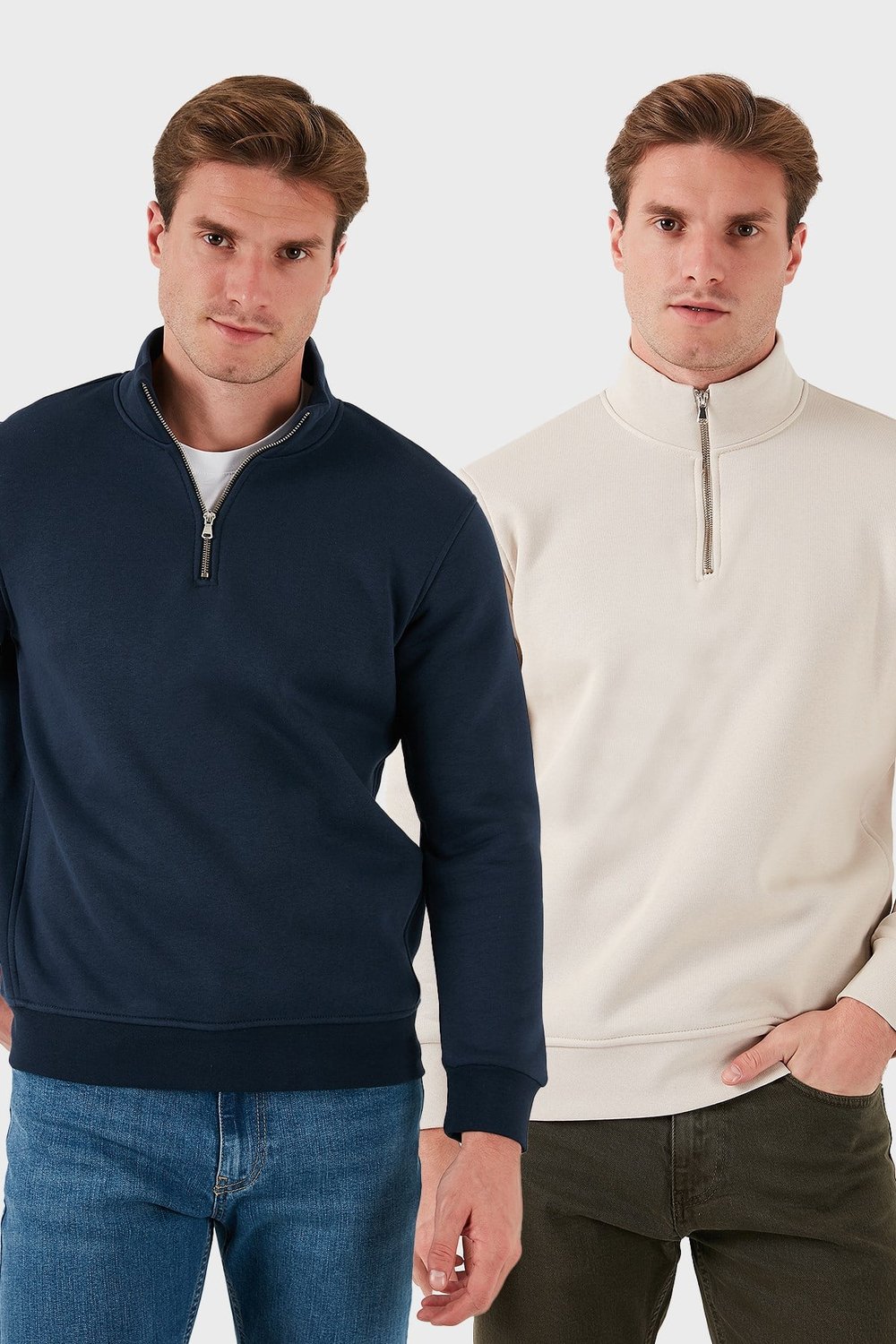 Pamuklu Regular Fit Dik Yaka 2'li Paket Erkek Sweat 59052592S2 KUM-KOYU LACİVERT