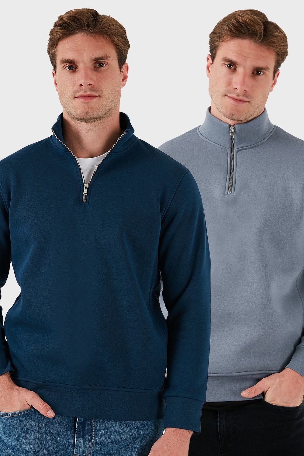 Pamuklu Regular Fit Dik Yaka 2'li Paket Erkek Sweat 59052592S2 İNDİGO-KOYU GRİ