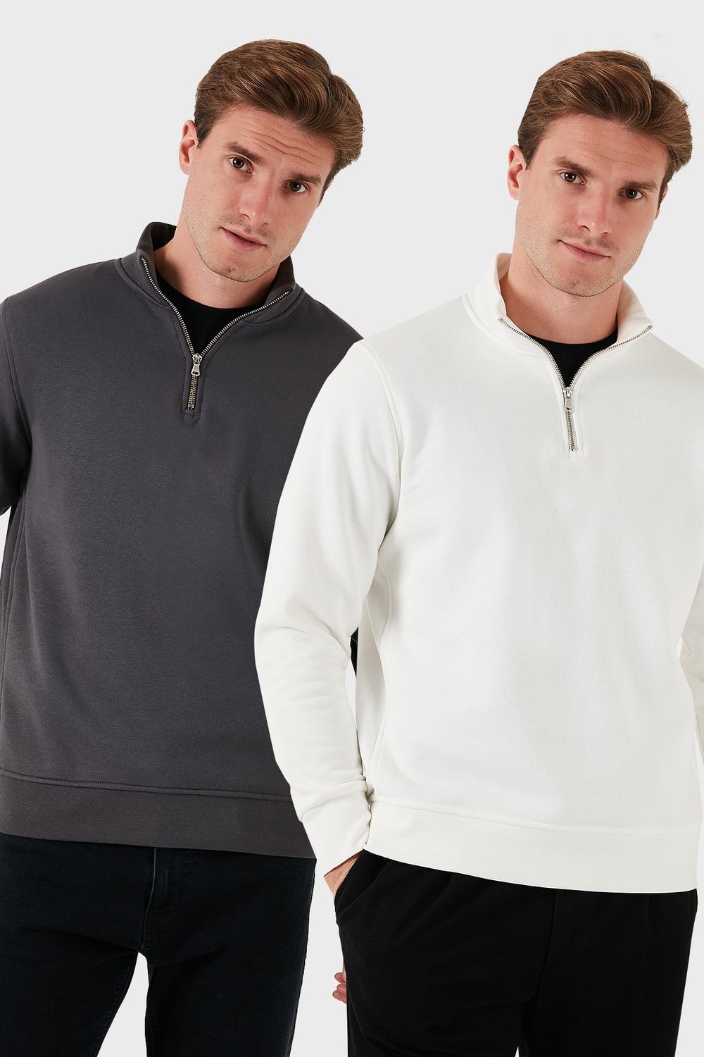 Pamuklu Regular Fit Dik Yaka 2'li Paket Erkek Sweat 59052592S2 Ekru-Antrasit