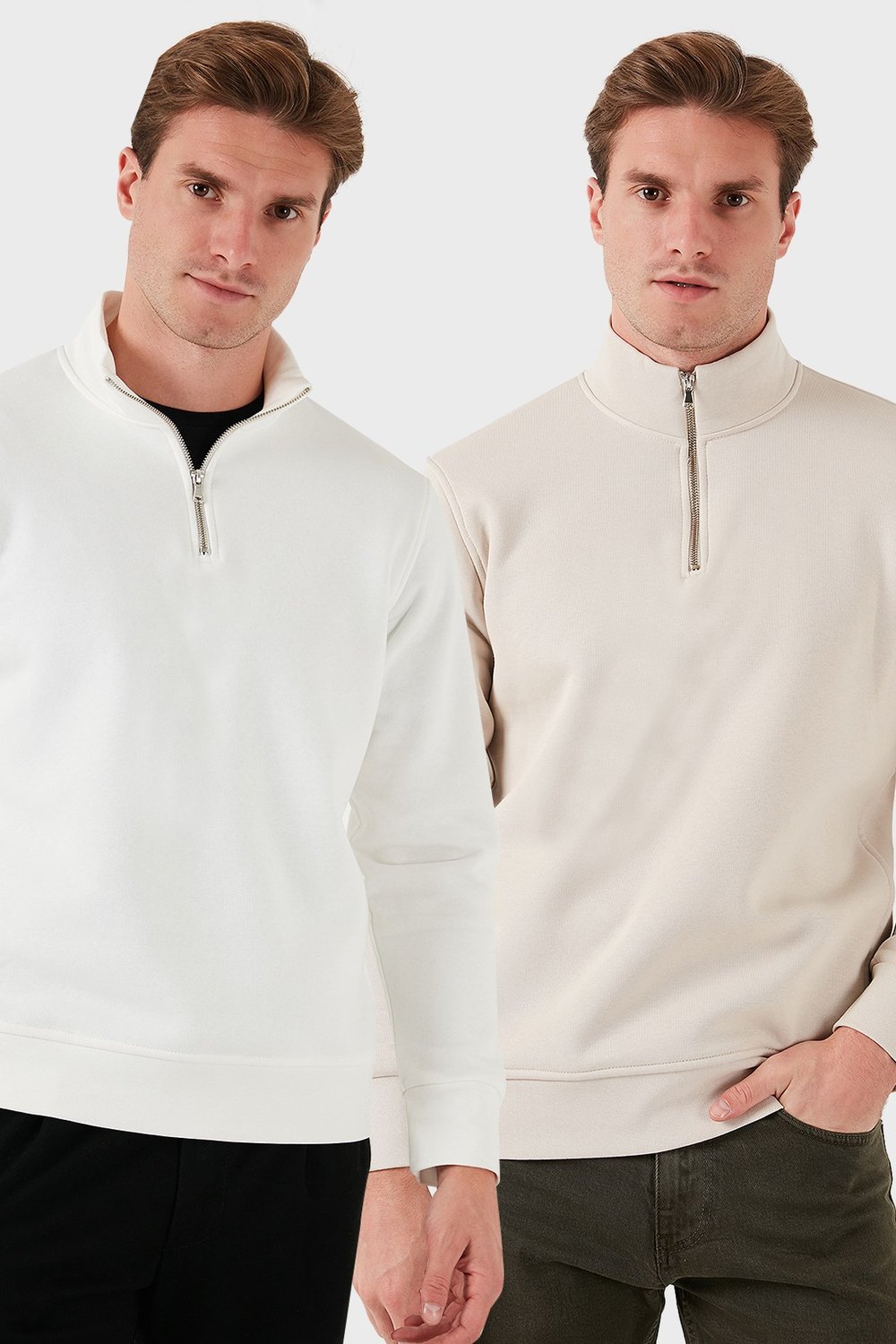 Pamuklu Regular Fit Dik Yaka 2'li Paket Erkek Sweat 59052592S2 Ekru-Kum