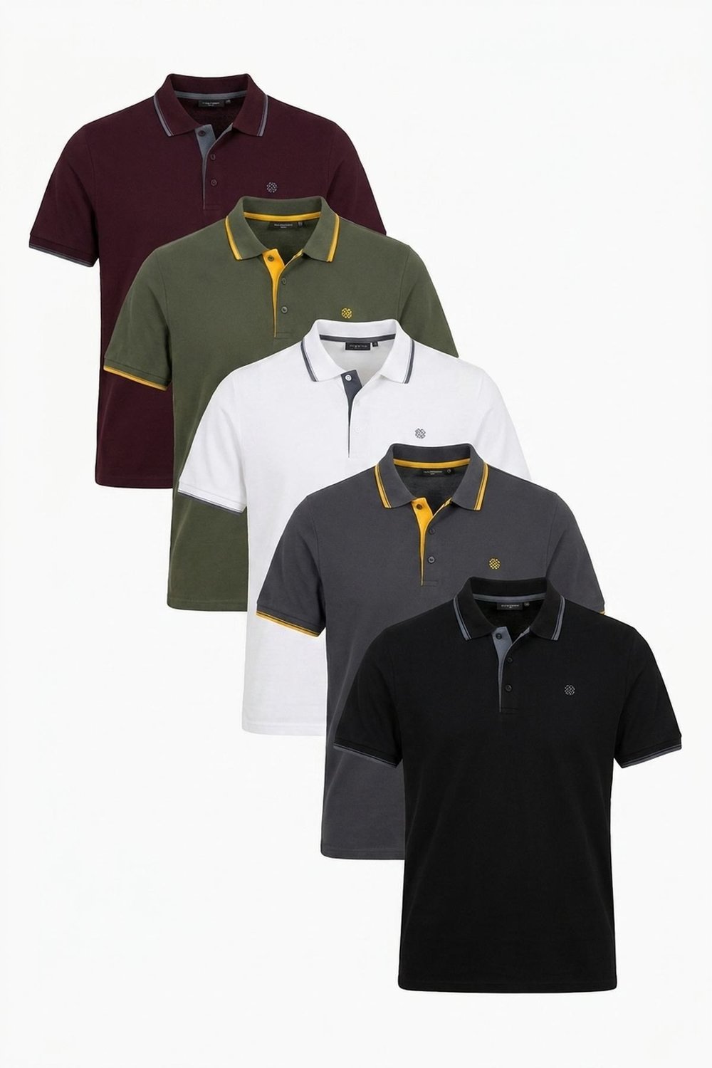 Pamuklu Regular Fit Şerit Detaylı Düğmeli Polo Yaka 5'li Paket Erkek T Shirt 5902118S5 Siyah-Antrasit-Hakisarı-Vişne-Beyaz