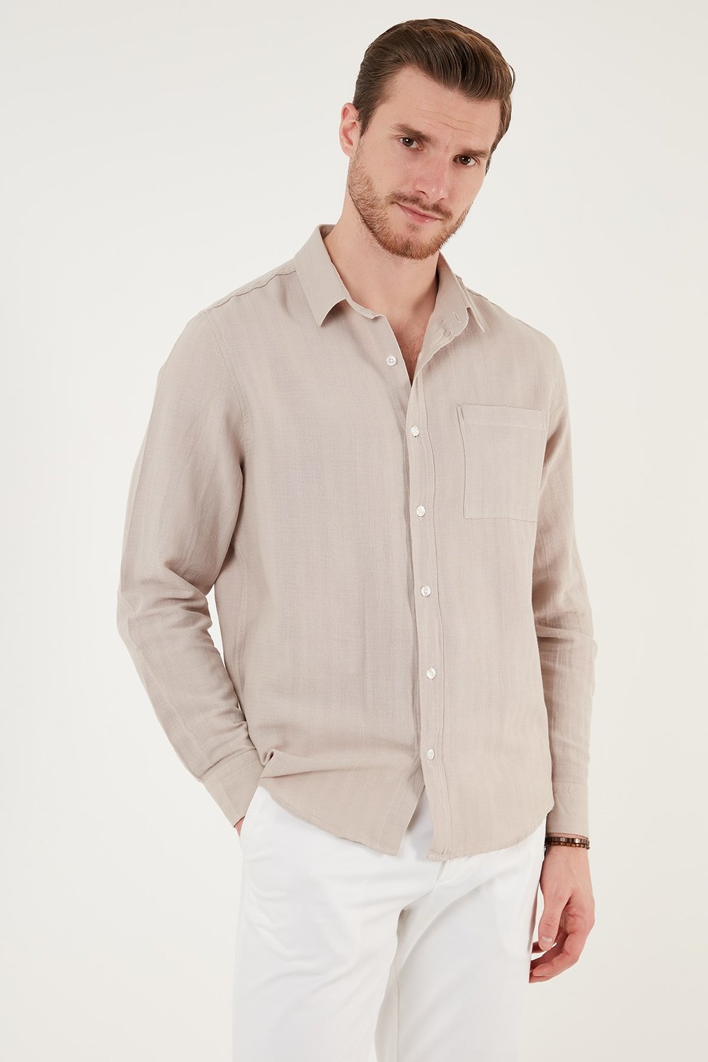 Pamuklu Regular Fit Tek Cepli Erkek Gömlek CF24S128229 TAŞ