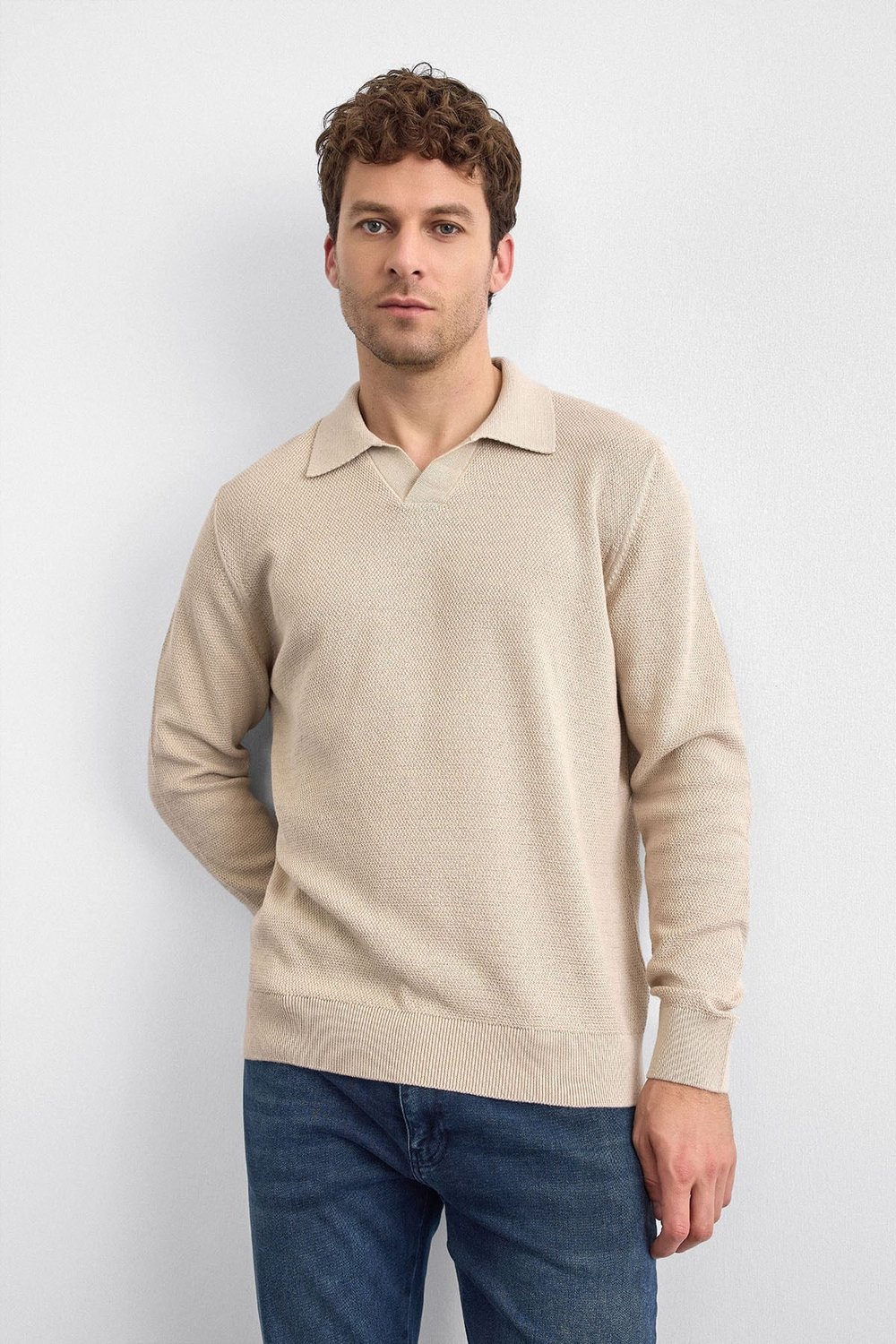 Pamuklu Regular Fit Triko Erkek Polo Yaka Kazak B35W40029 114 BEJ