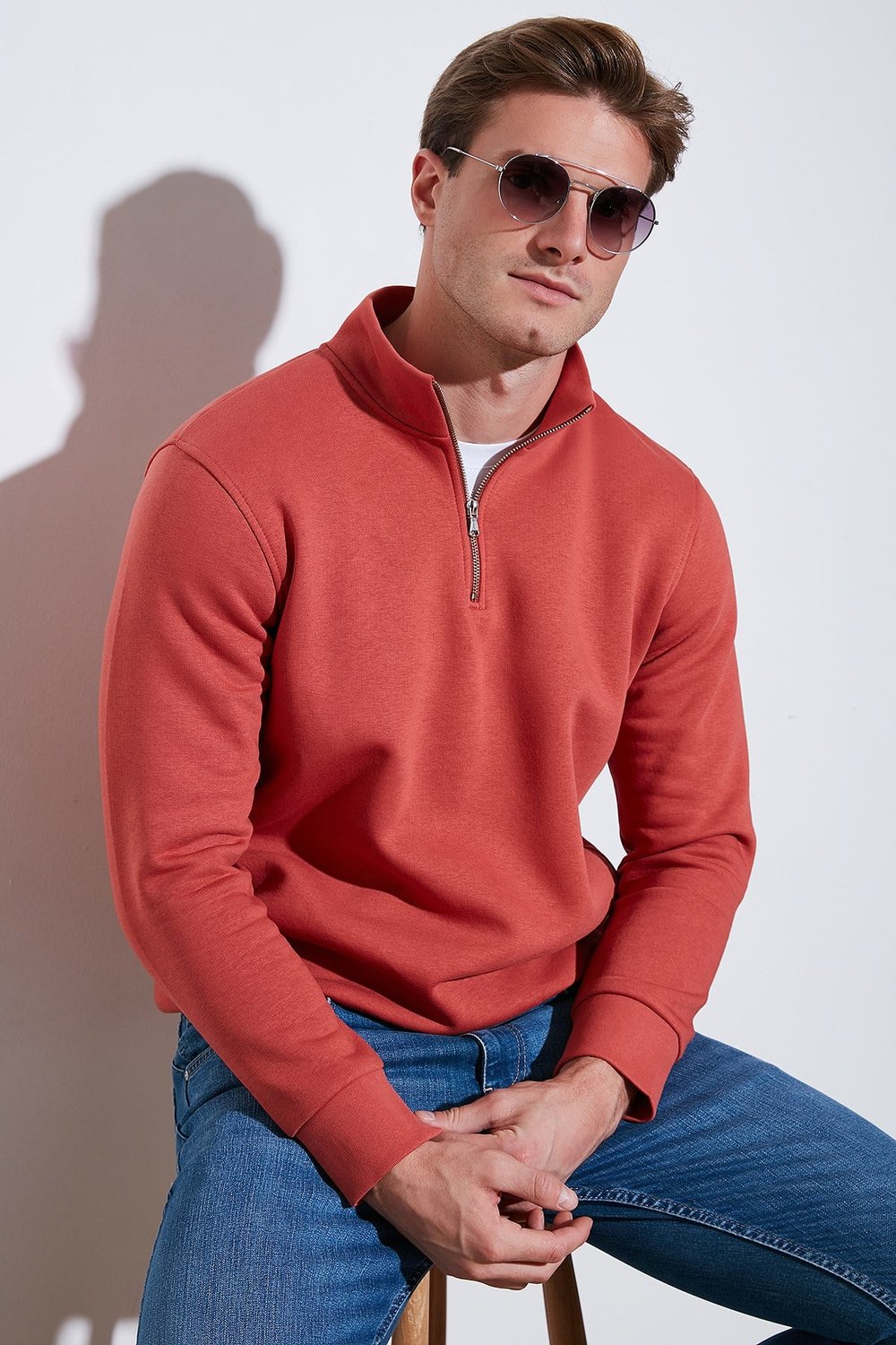 Pamuklu Regular Fit Yarım Fermuarlı Dik Yaka Erkek Sweat 59052592 KİREMİT