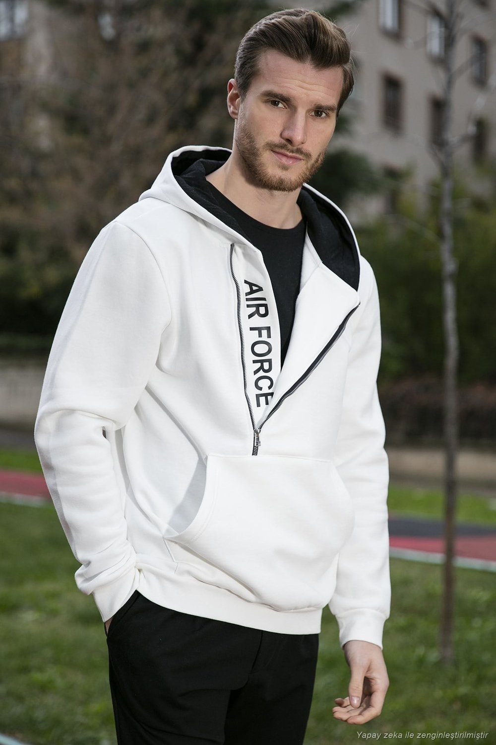 Pamuklu Slim Fit Kanguru Cepli Fermuar Detaylı Kapüşon Yaka Erkek Sweat 575707 EKRU