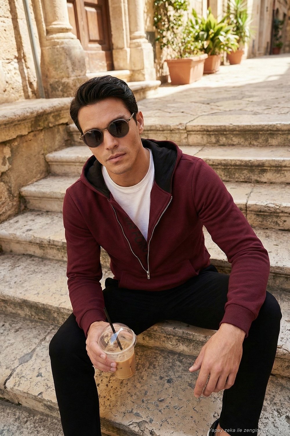 Pamuklu Slim Fit Kanguru Cepli Fermuar Detaylı Kapüşon Yaka Erkek Sweat 575707 VİŞNE