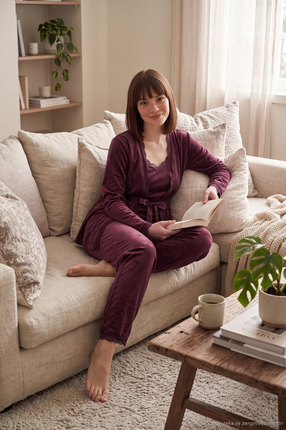 Regular Fit Dantelli Yumuşak Dokulu Sabahlıklı Kadife Kadın Pijama Takımı 6095545 MÜRDÜM