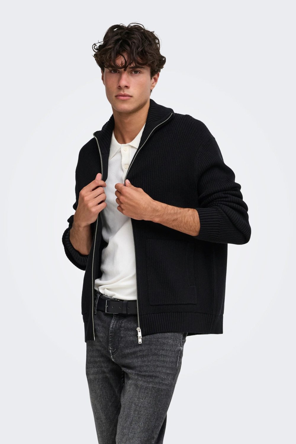 Regular Fit Fermuarlı Dik Yaka Fitilli Triko Erkek Hırka 22039396 SİYAH