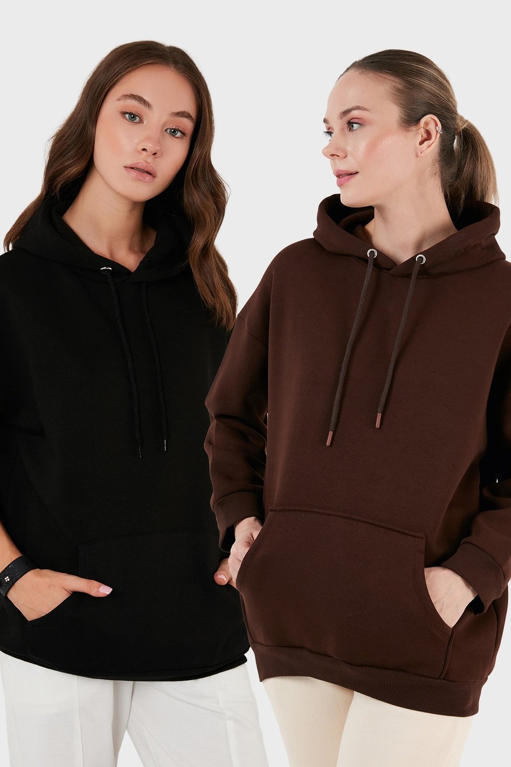 Regular Fit Pamuklu Kapüşonlu Yaka Şardonlu Kışlık 2'li Paket Kadın Sweat 5863854S2 KAHVE-SİYAH