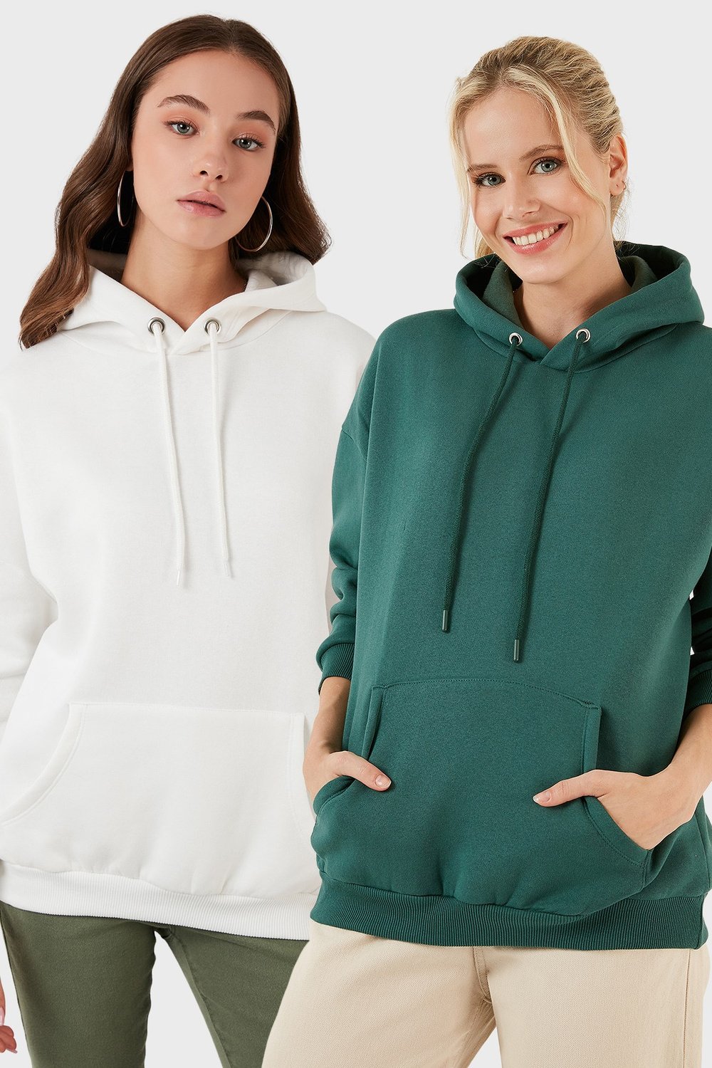 Regular Fit Pamuklu Kapüşonlu Yaka Şardonlu Kışlık 2'li Paket Kadın Sweat 5863854S2 Nefti-Ekru