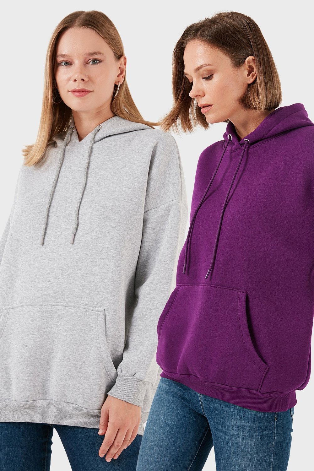 Regular Fit Pamuklu Kapüşonlu Yaka Şardonlu Kışlık 2'li Paket Kadın Sweat 5863854S2 Gri Melanj-Mor