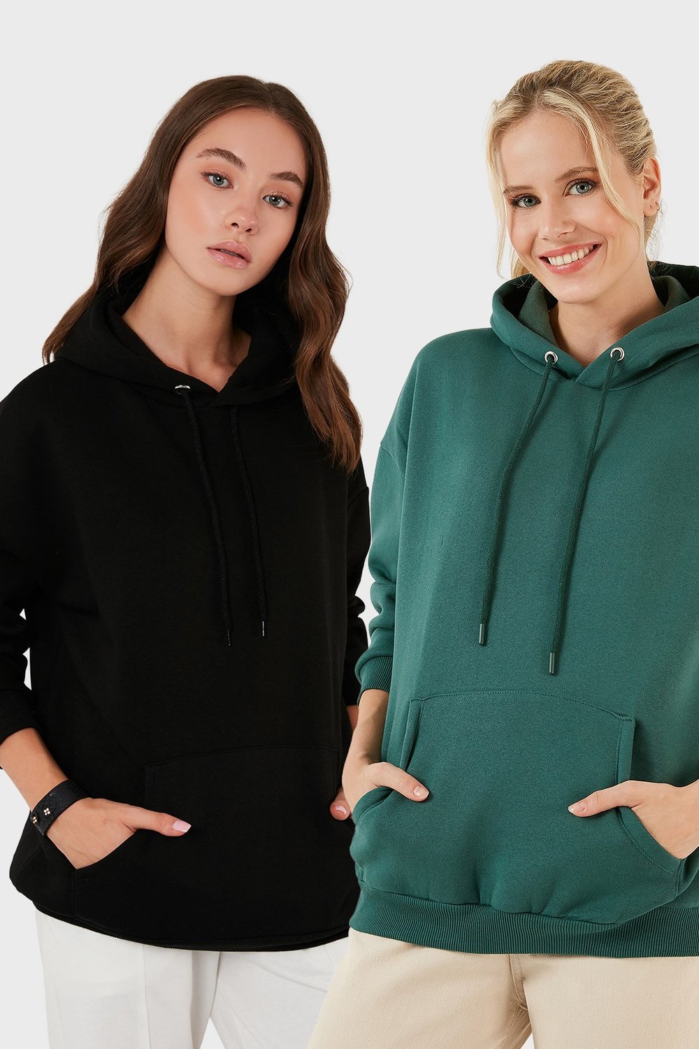 Regular Fit Pamuklu Kapüşonlu Yaka Şardonlu Kışlık 2'li Paket Kadın Sweat 5863854S2 Nefti-Siyah