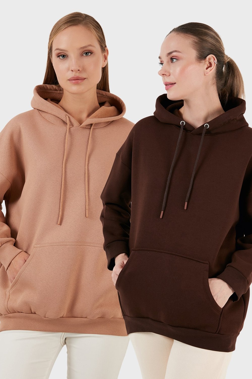 Regular Fit Pamuklu Kapüşonlu Yaka Şardonlu Kışlık 2'li Paket Kadın Sweat 5863854S2 Bisküvi-Kahve